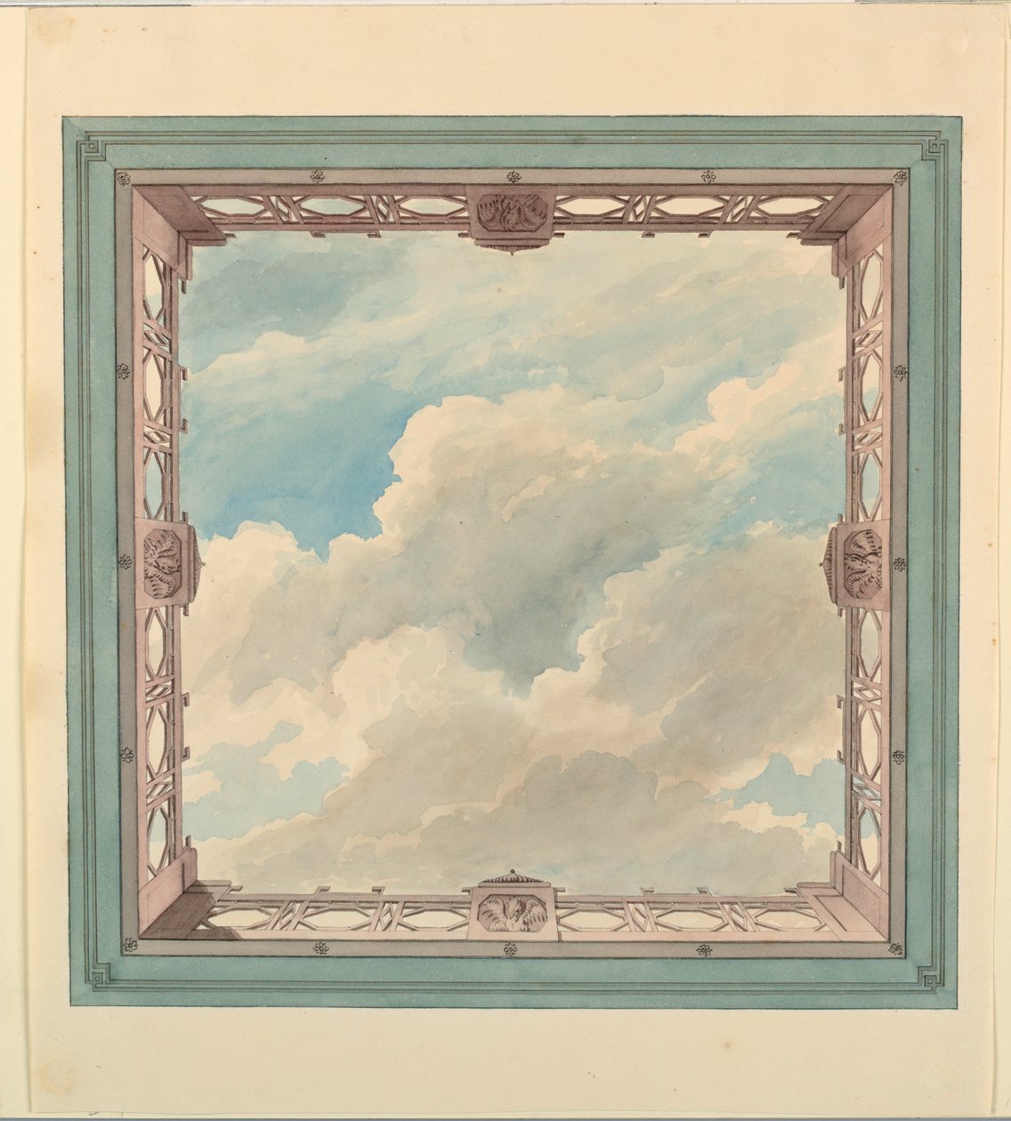Dibujo, Diseño de techo con balcón calado y cielo abierto, posiblemente para conservatorio/sala de música o comedor, ca. 1820 de Unknown artistUnknown artist