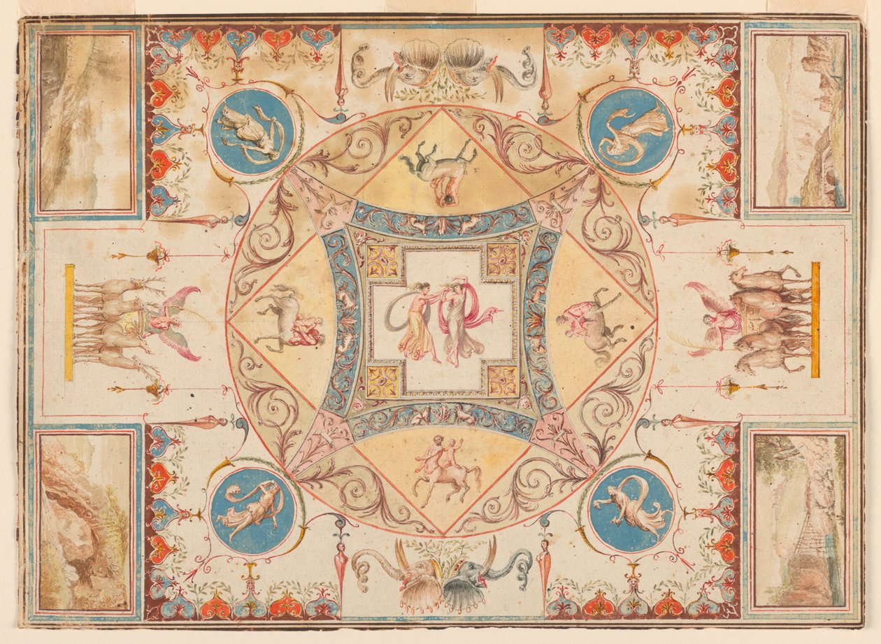 Dibujo, Techo de la Villa Adriana, con ninfas, centauros, ciervos y elefantes, ca. 1785 de Unknown artistUnknown artist