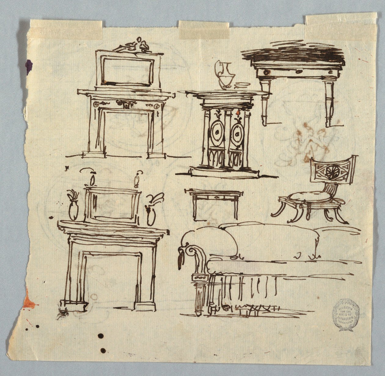 Dibujo, piezas de chimenea, muebles y medallón de techo, 1790-1810 de Unknown artistUnknown artist
