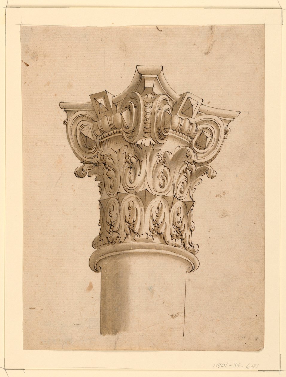 Dibujo, Vista de esquina de capitel compuesto, 1625-1650 de Unknown artistUnknown artist