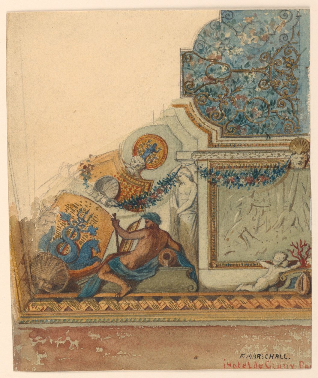 Dibujo, Detalle de esquina del techo, Hotel de Cluny, París, ca. 1885 de Unknown artistUnknown artist