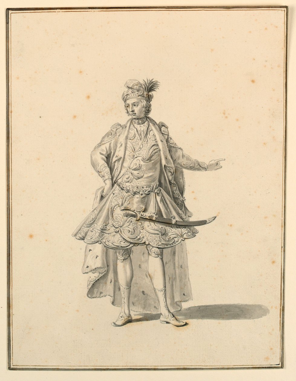 Dibujo, Diseño de vestuario: Príncipe persa, para una producción escénica diseñada por Giuseppe Galli Bibiena, 1719 de Unknown artistUnknown artist