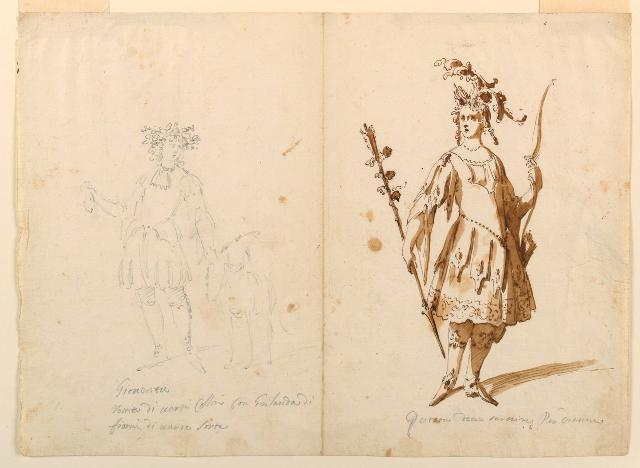 Dibujo, Diseño de vestuario: Joven y Diana para un ballet, hacia 1720 de Unknown artistUnknown artist