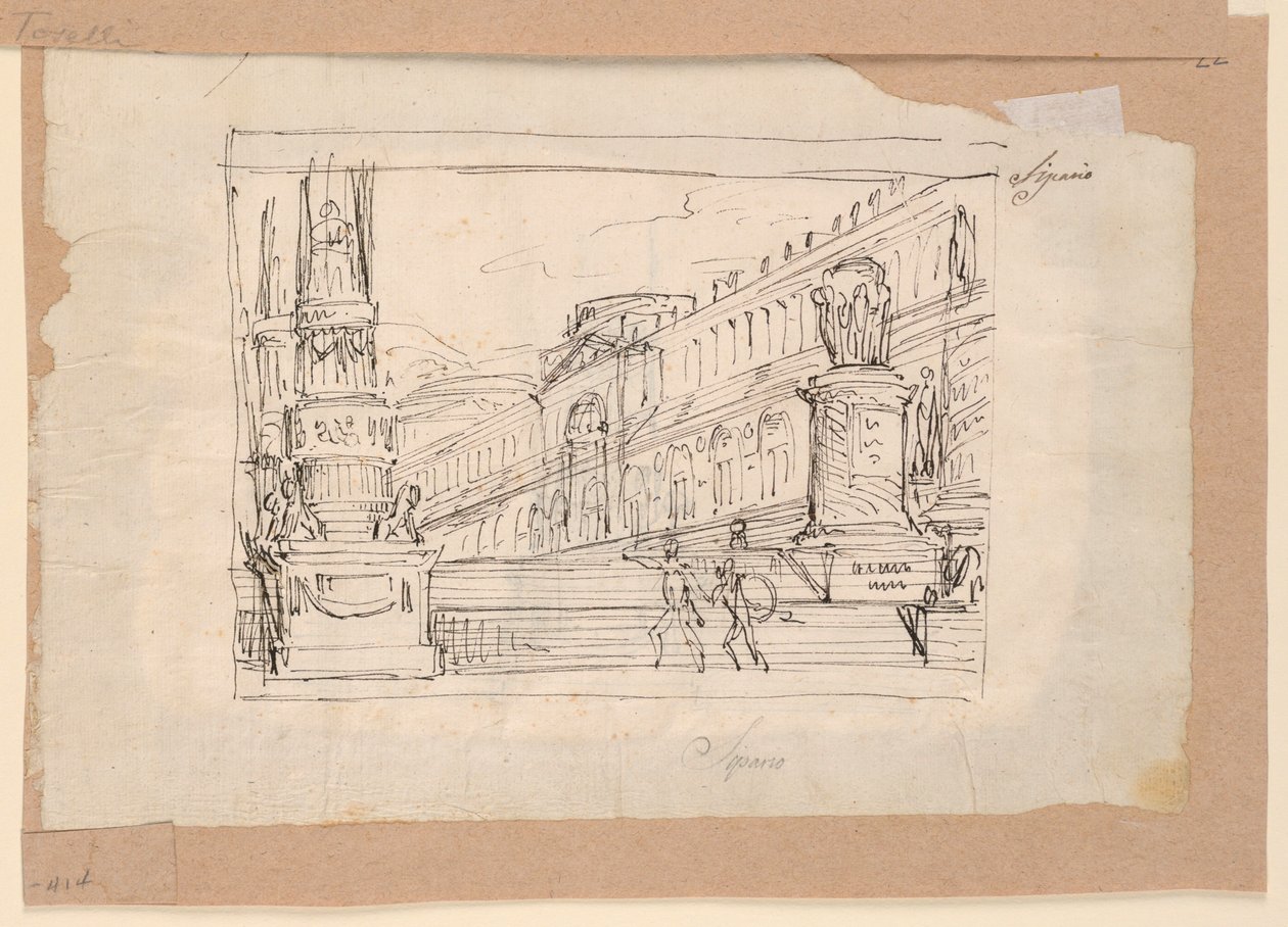 Dibujo, Diseño de cortina, Soldados en una escalinata, principios del siglo XIX de Unknown artistUnknown artist