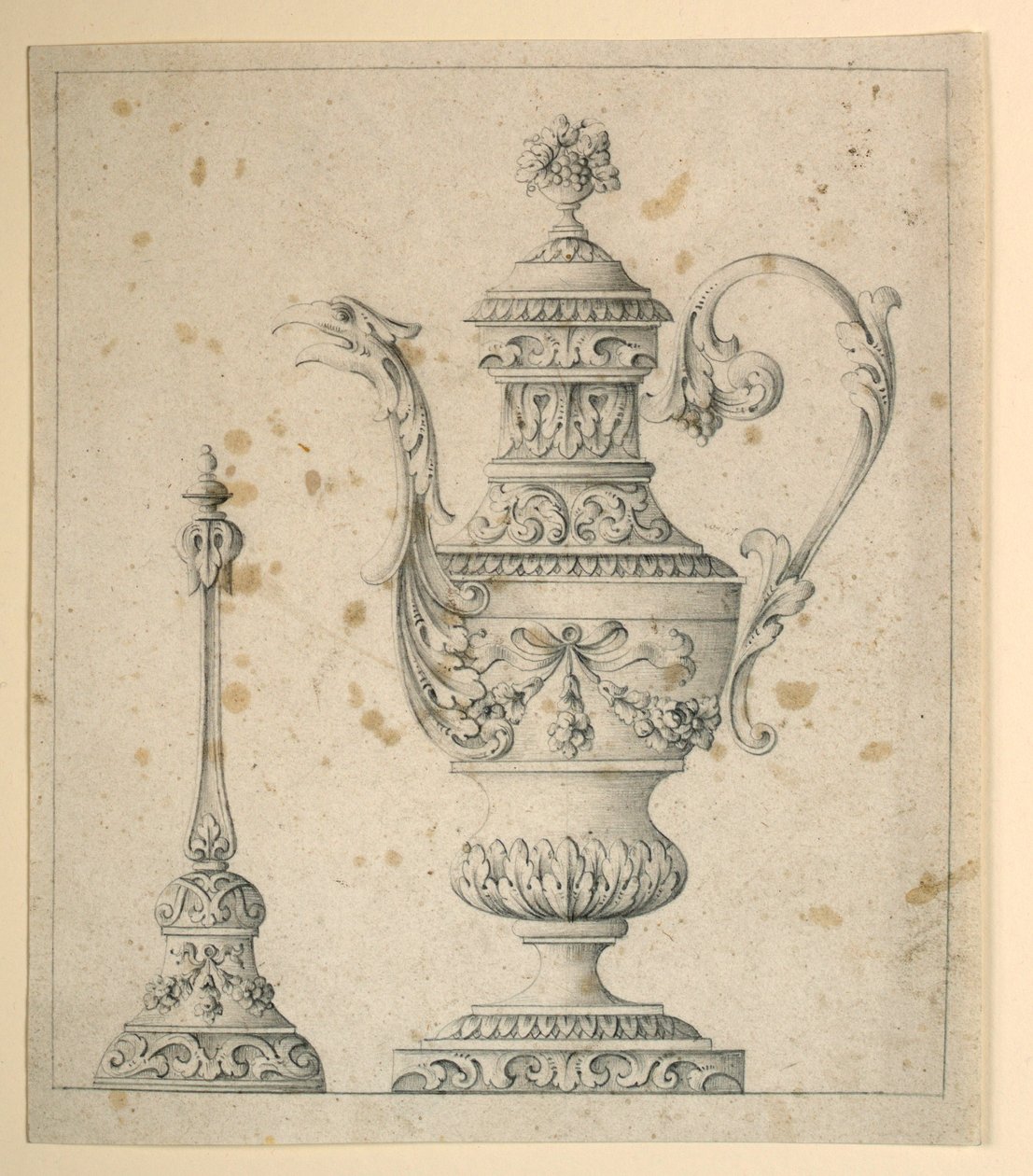 Dibujo, Jarra decorada y campana de mano, 1860-80 de Unknown artistUnknown artist