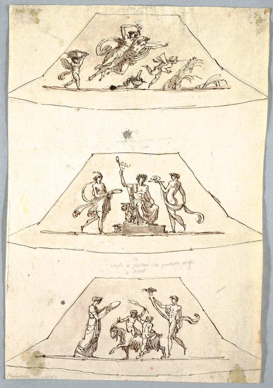 Dibujo, Proyecto decorativo: Tres trapecios con Flora y Zefiro, ca. 1815 de Unknown artistUnknown artist