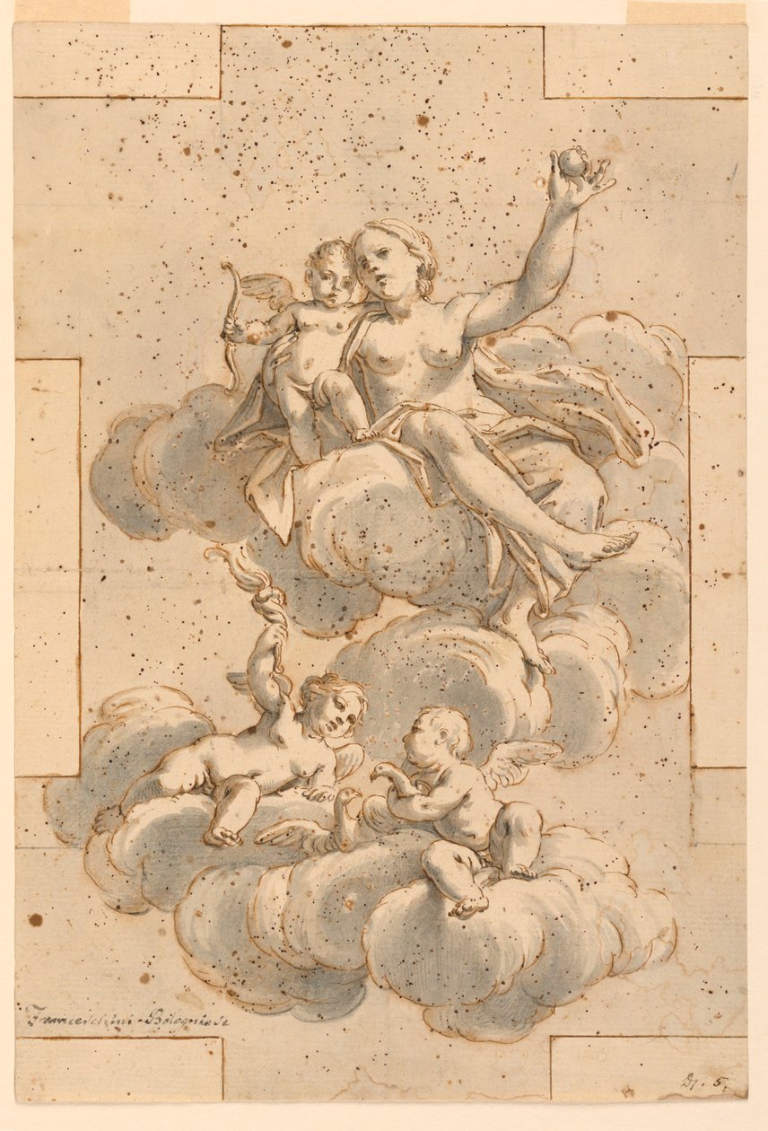 Dibujo, Diseño para una pintura de techo, Venus, Cupido y Putti, 1700-29 de Unknown artistUnknown artist