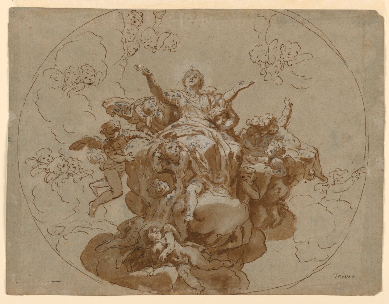 Dibujo, Diseño para un techo con la Ascensión de la Virgen, 1700-1730 de Unknown artistUnknown artist