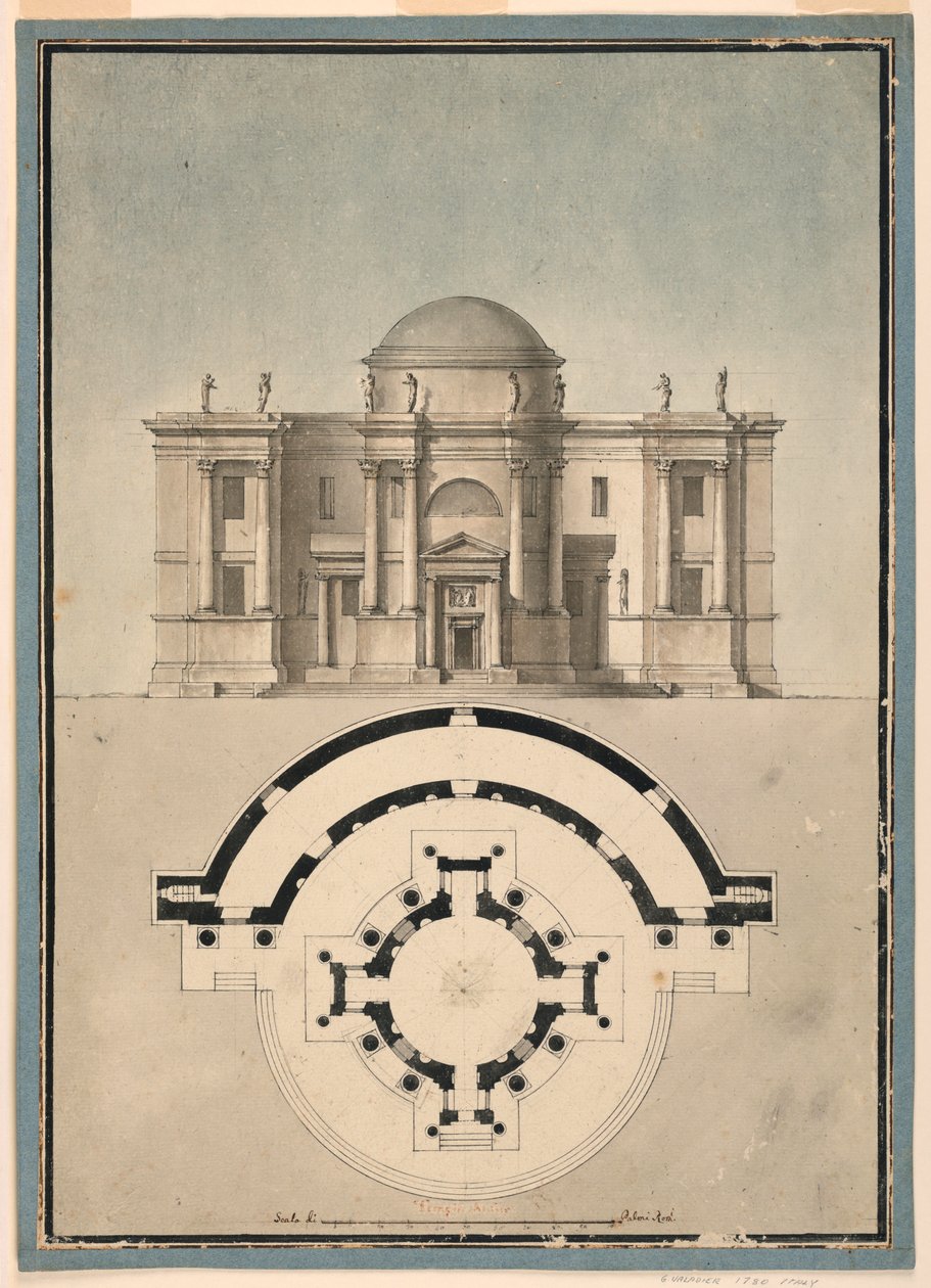 Dibujo, Diseño para un templo clásico con tempietto y edículo semicircular, hacia 1780 de Unknown artistUnknown artist