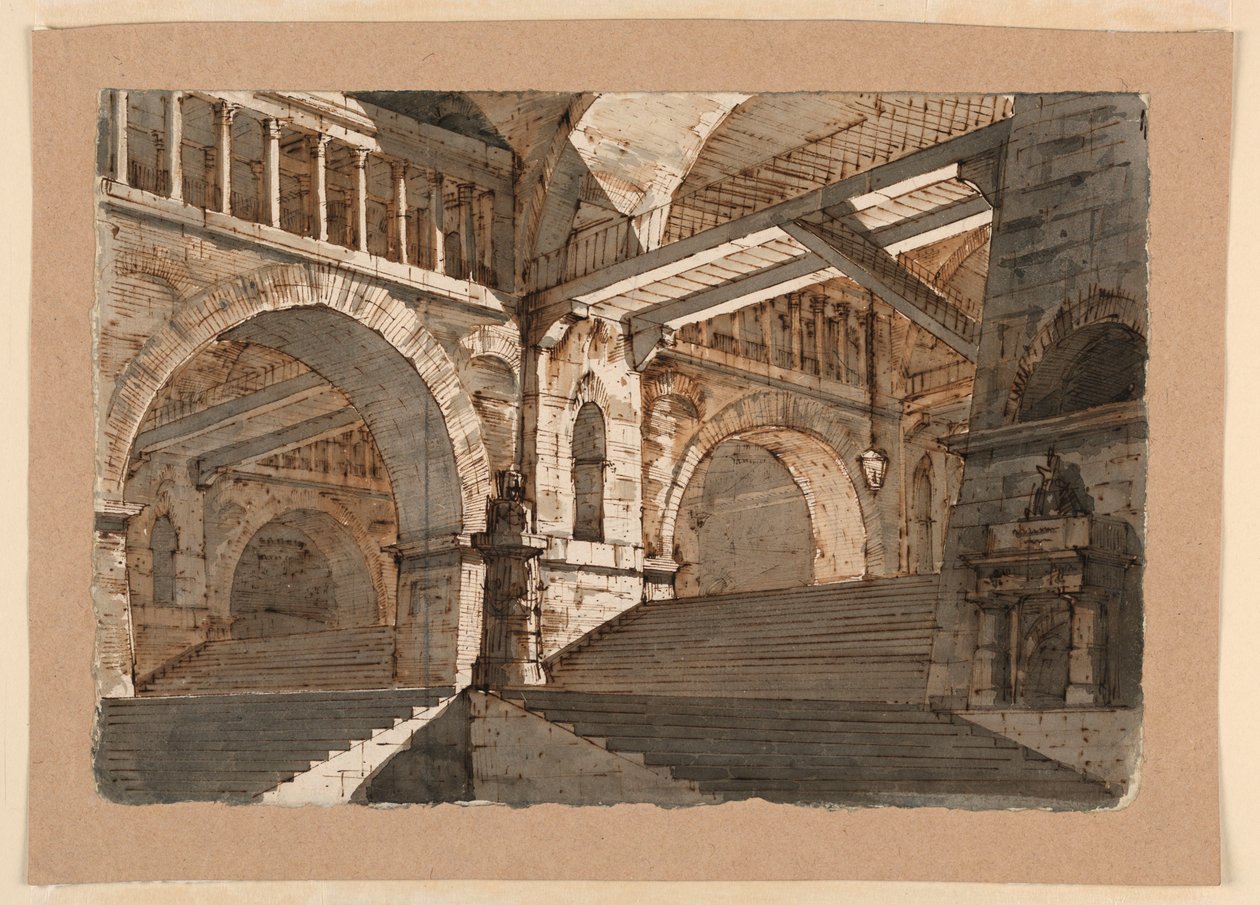 Dibujo, escenografía, escaleras subterráneas y galerías de un palacio fortificado, ca. 1800 de Unknown artistUnknown artist