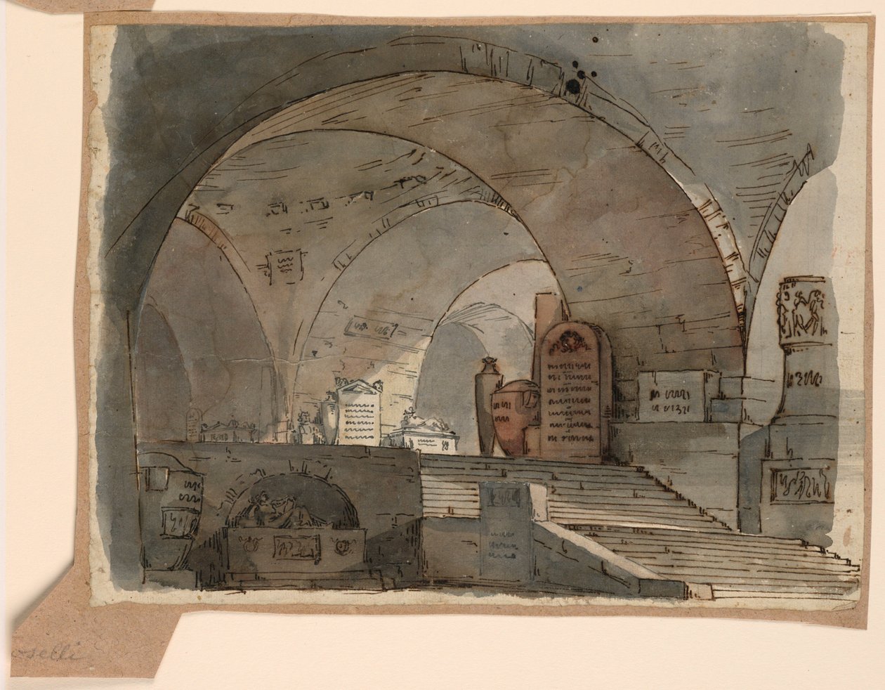 Dibujo, escenografía, espacio subterráneo abovedado con tumbas, principios del siglo XIX de Unknown artistUnknown artist