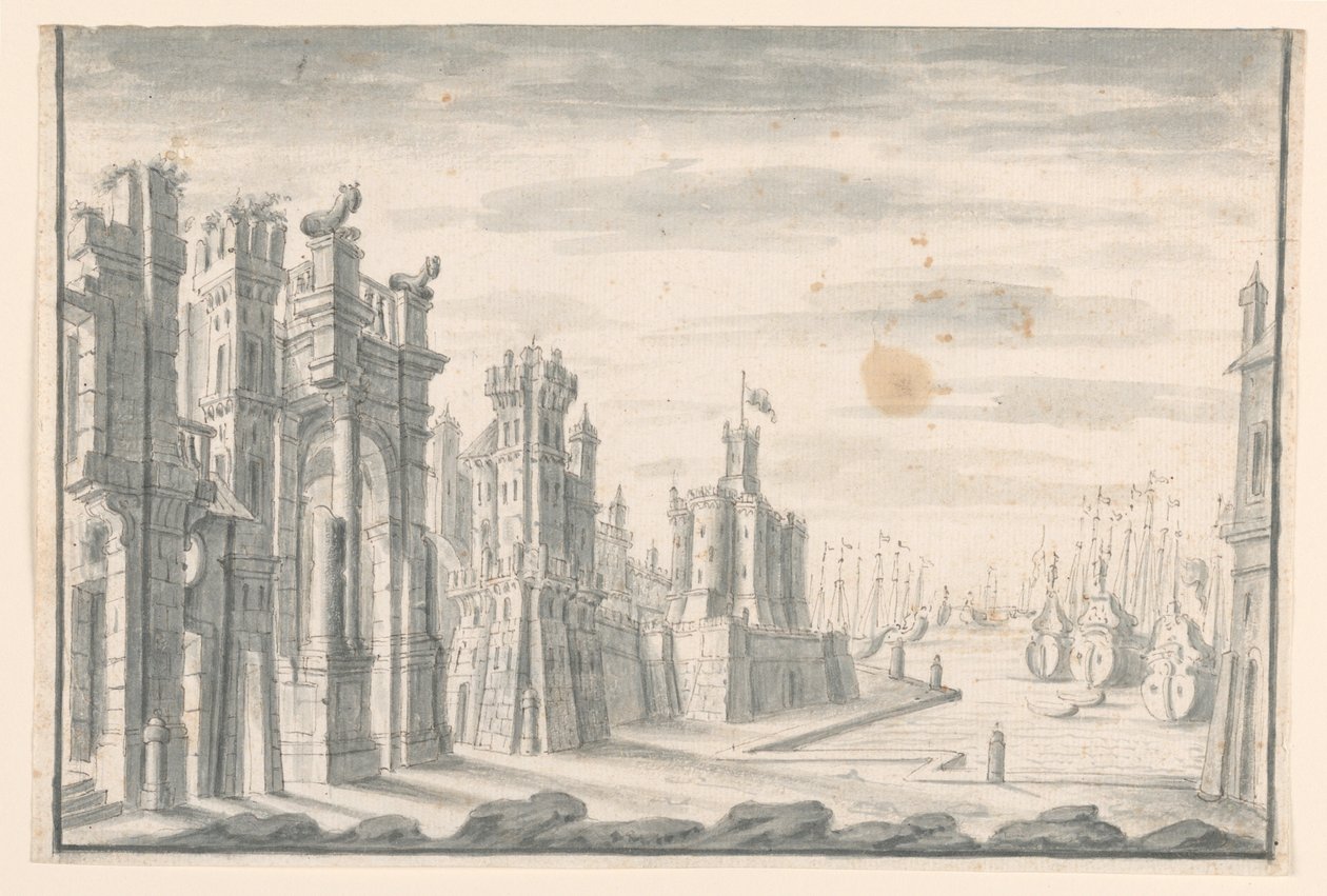 Dibujo, escenografía, vista de la ciudad y del puerto, principios del siglo XVIII de Unknown artistUnknown artist