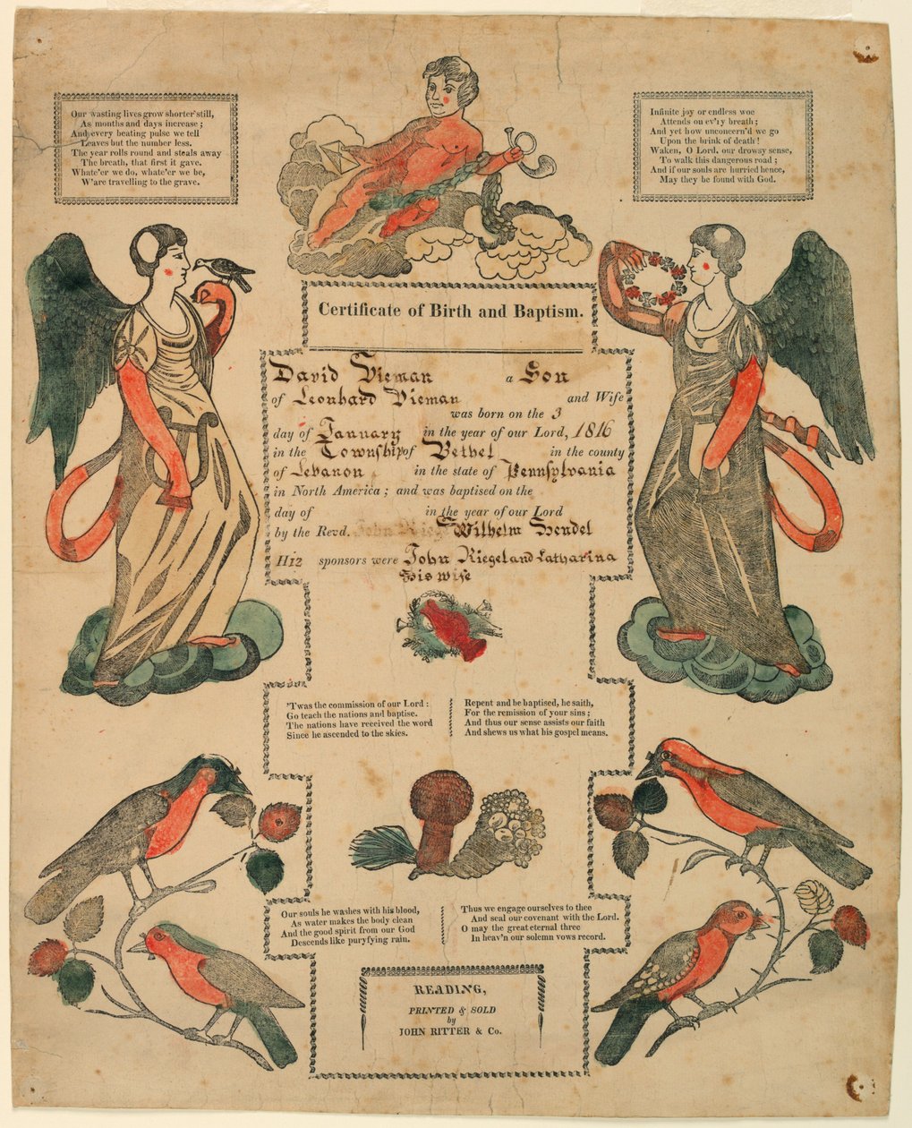 Fraktur, partida de bautismo [partida de nacimiento], 1816 de Unknown artistUnknown artist
