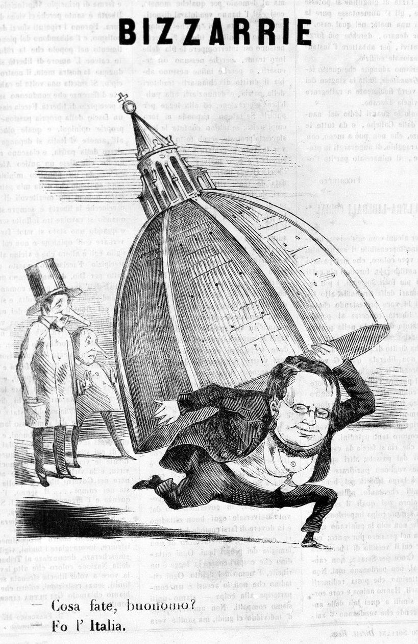 - ¿Qué está haciendo, señor? - Hago Italia (Cavour con la cúpula de Florencia) grabado satírico de Il Fischietto de Unknown artist