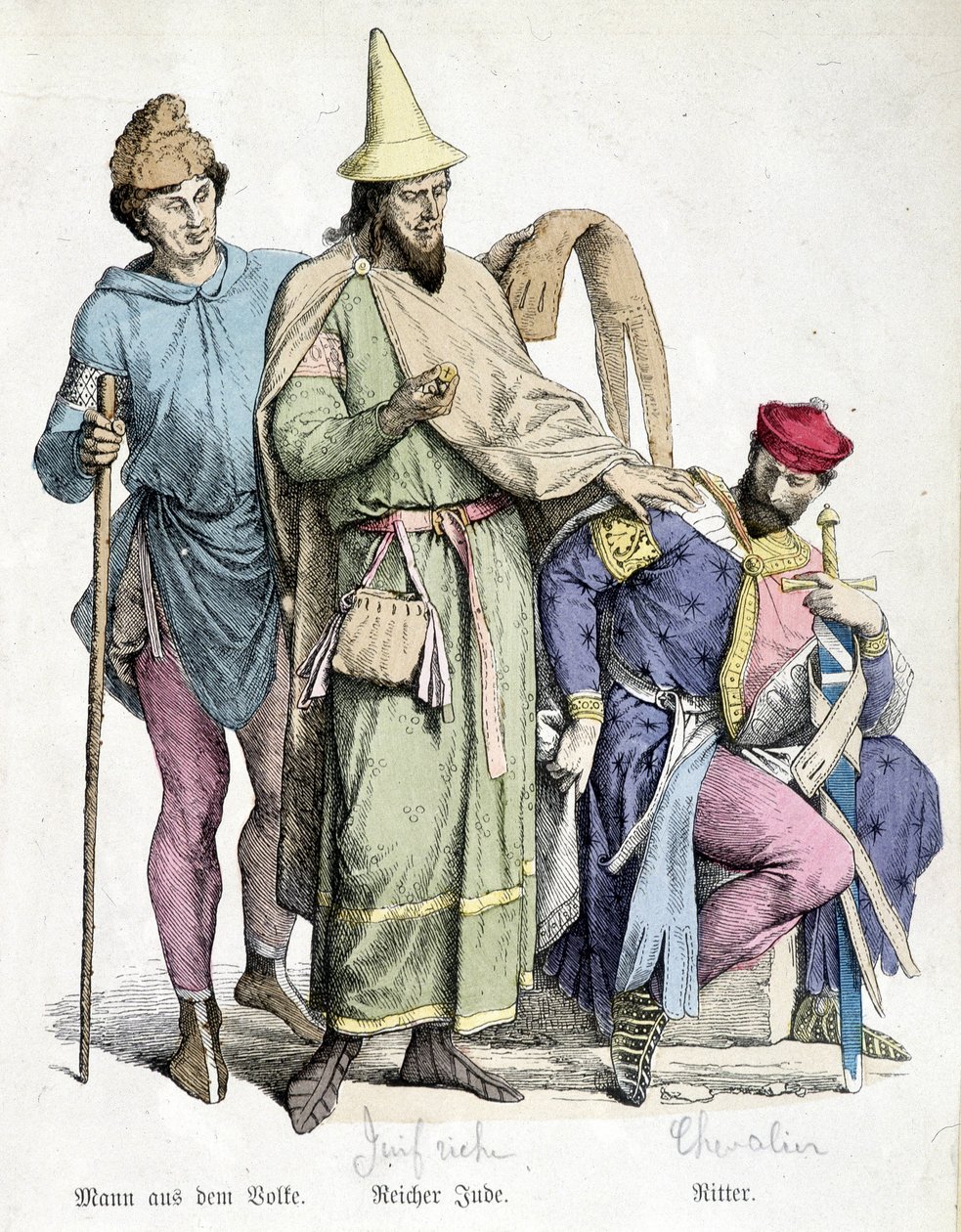 Trajes del siglo XI: El hombre con el bastón, el rico judío y el caballero. Grabado del siglo XIX de Unknown artist