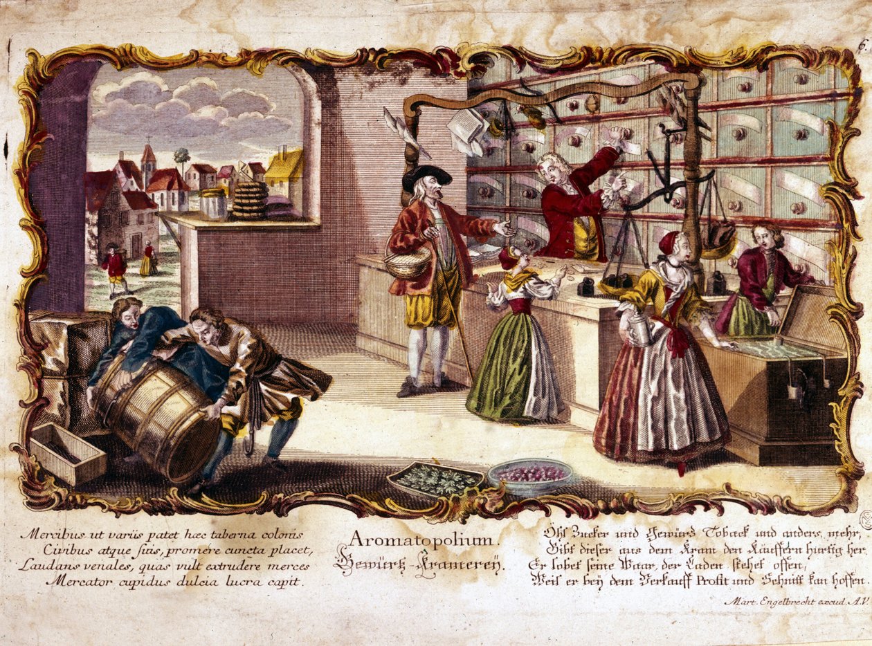 Grabado del siglo XVIII que representa una perfumería de Unknown artist