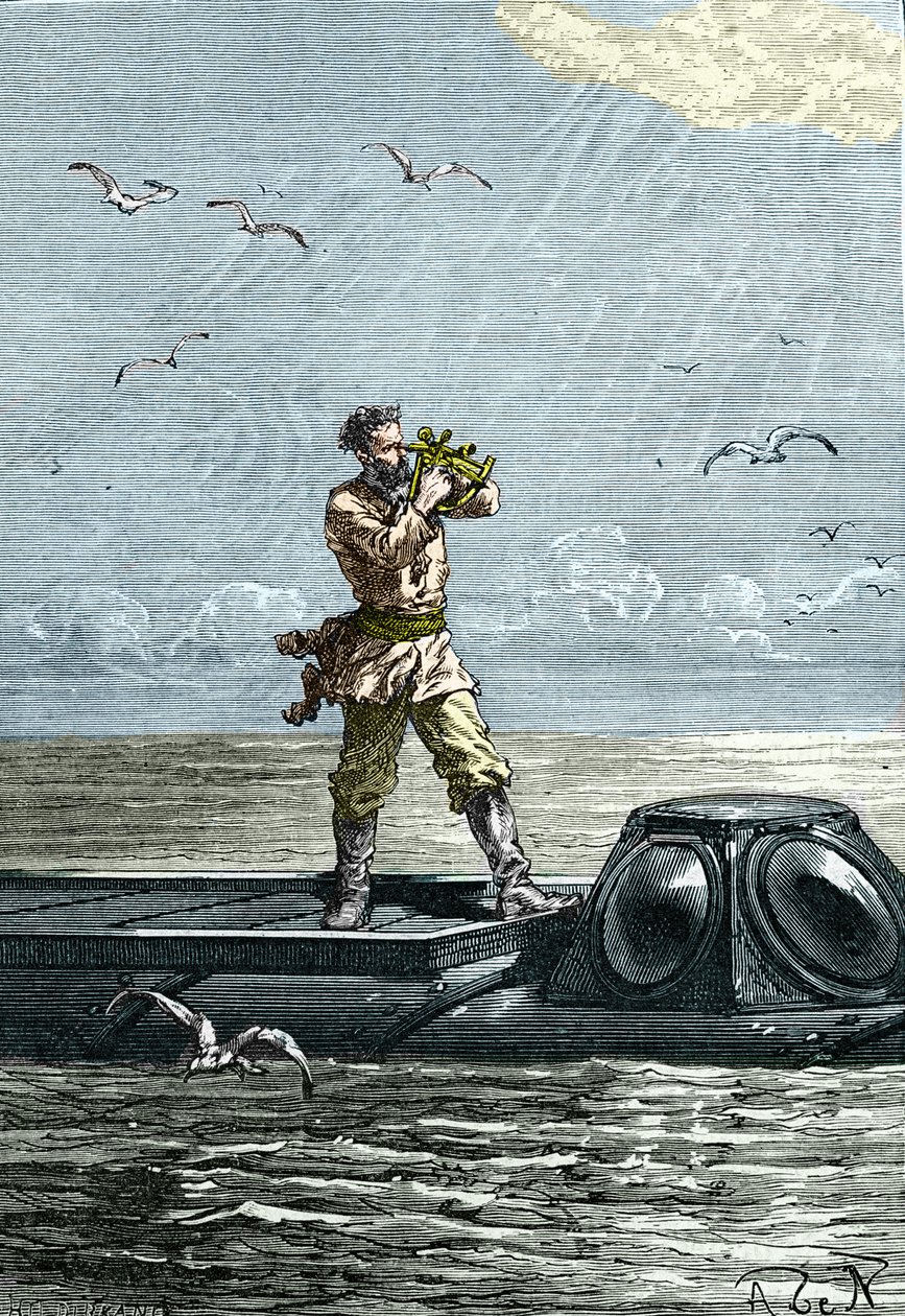 20,000 leguas de viaje submarino. Capitán Nemo en el submarino "Nautilus". Ilustración de la novela de Julio Verne "Veinte mil leguas de viaje submarino" de Unknown artist