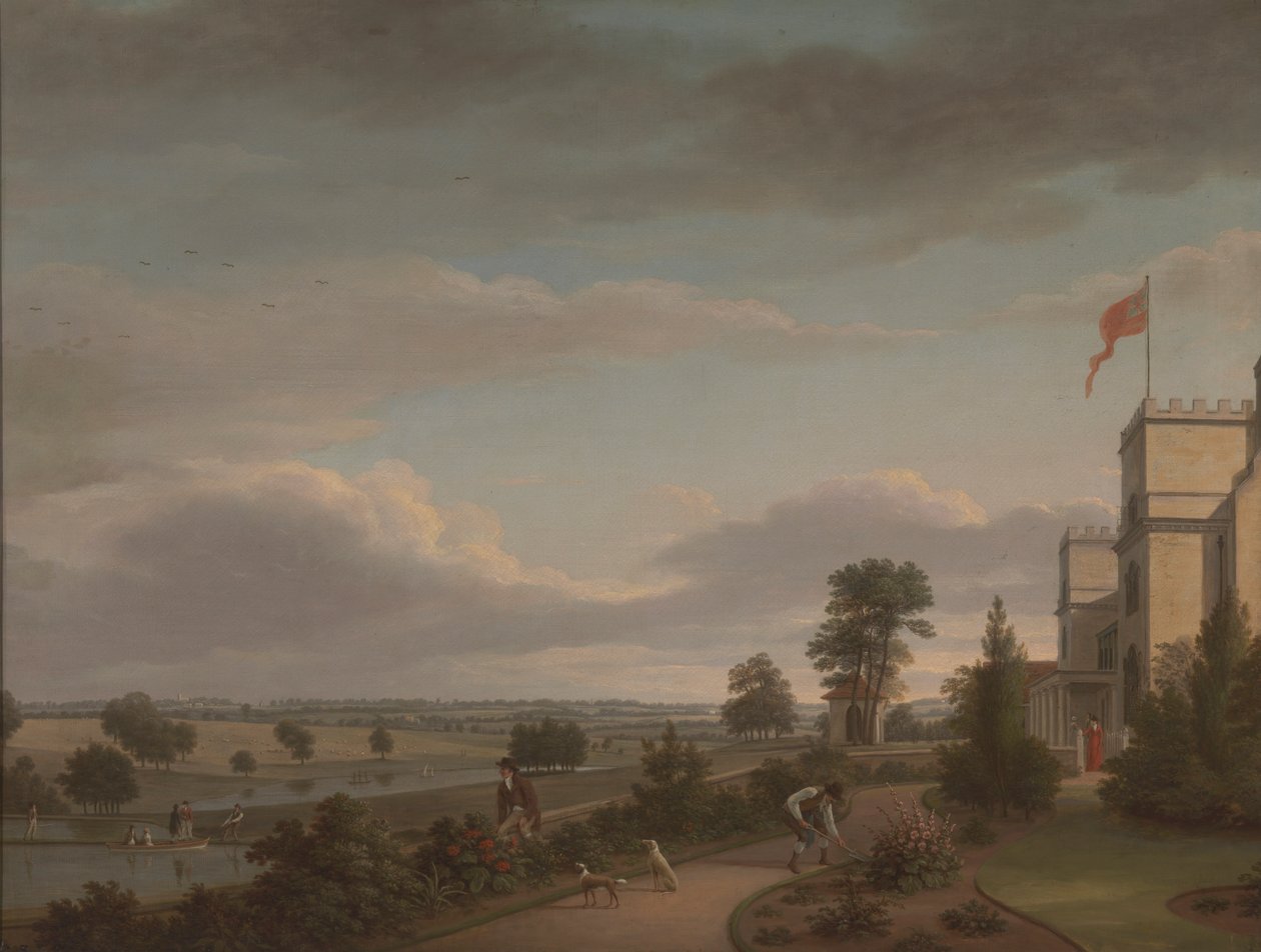 Una casa de campo en un paisaje fluvial, anteriormente identificado como Oatlands de Unknown artist