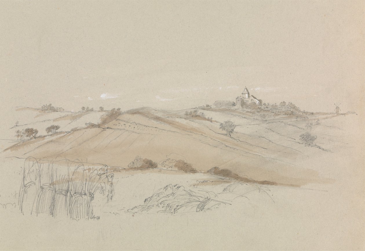 Un campo con una casa a lo lejos de Unknown artist
