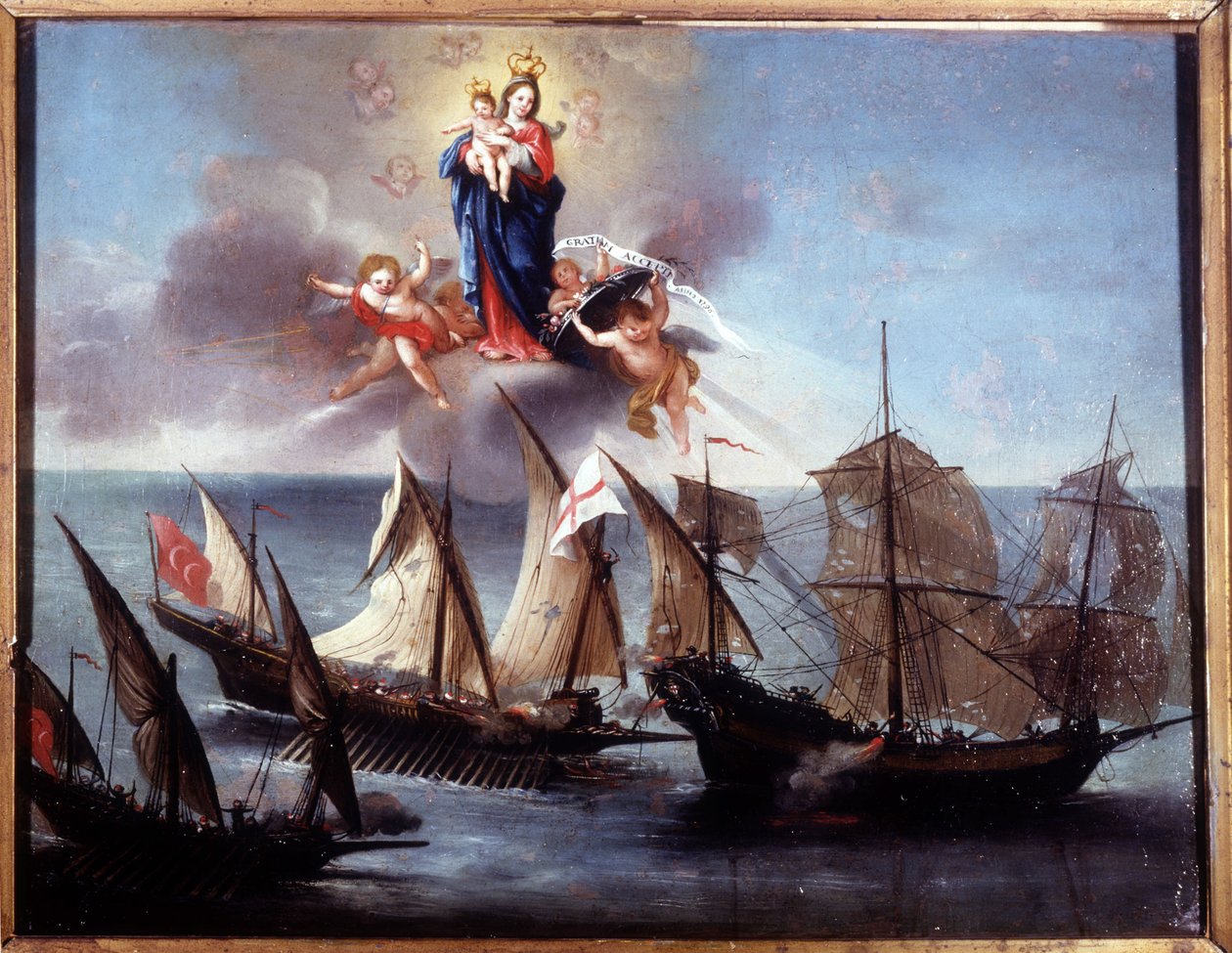 Un barco de Génova atacado por una galeota y una media galera bárbara. Exvoto 1796. Museo Naval de Génova-Pegli de Unknown artist