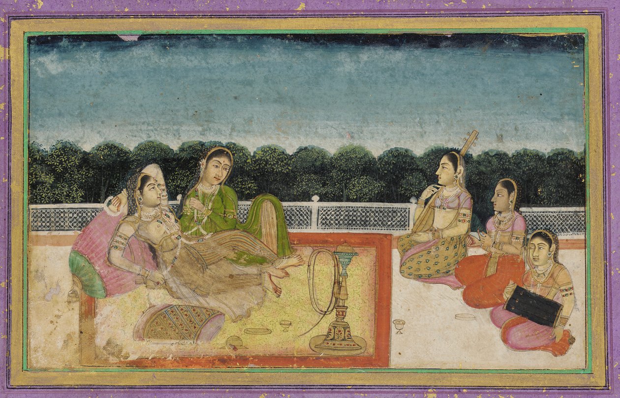 Una dama y su asistente en una terraza al atardecer, con tres mujeres músicas de Unknown artist