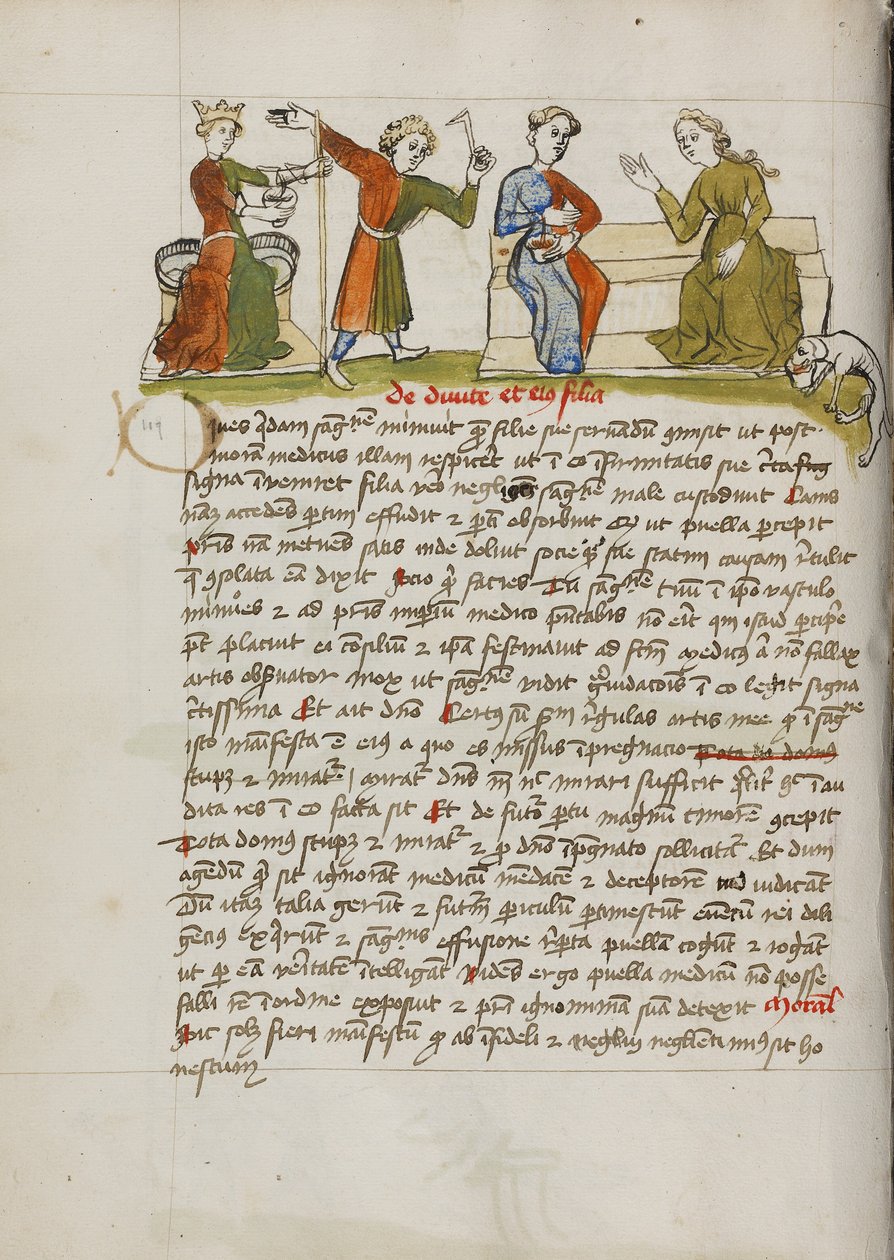 Un hombre ante una mujer coronada y entronizada y dos mujeres conversando de Unknown artist