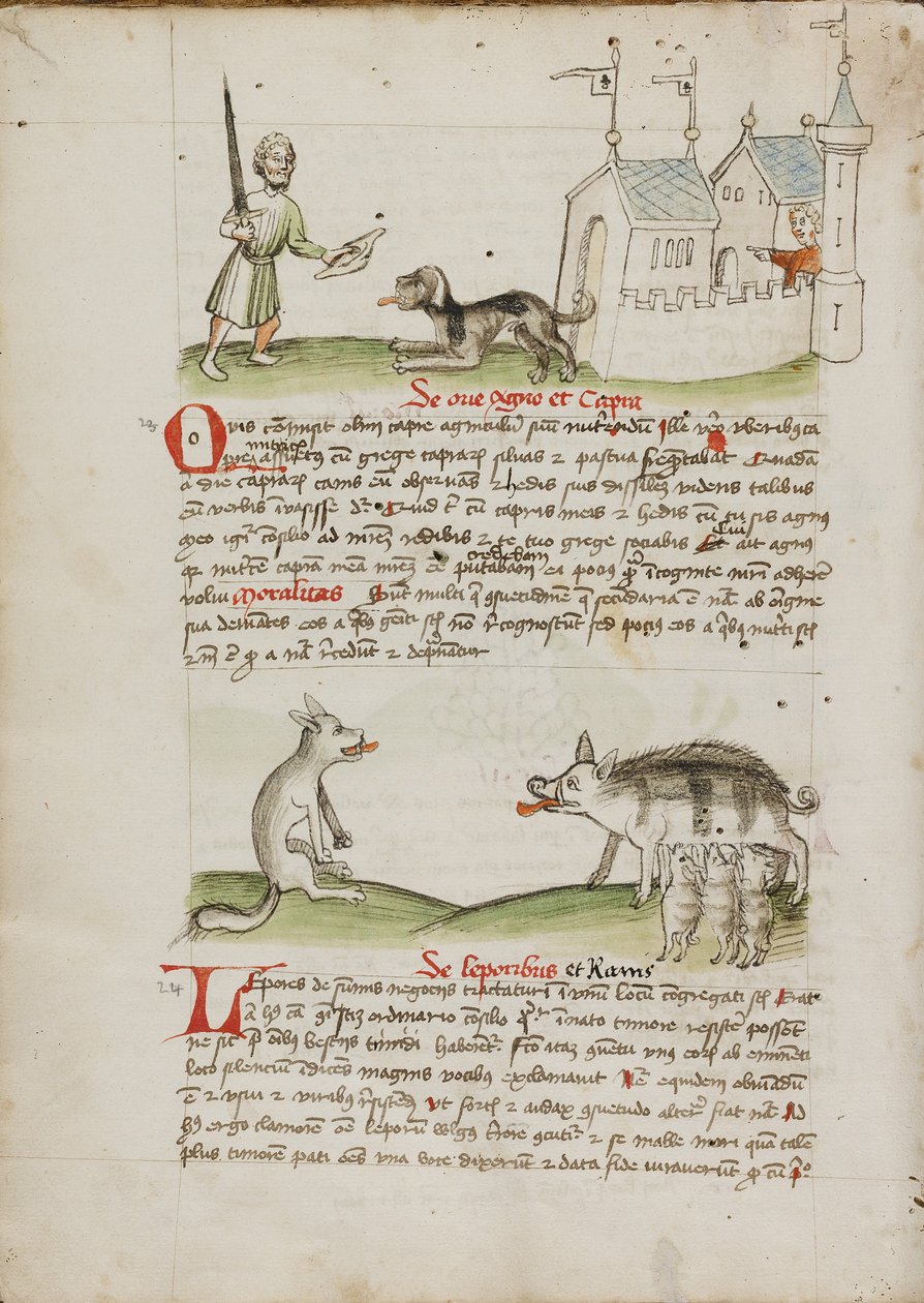 Un hombre con una espada y un perro con un hueso; un lobo y un cerdo de Unknown artist