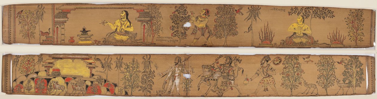 un príncipe realiza austeridades (anverso); Shiva y sus seguidores regresan al monte Kailash (verso), de un romance de Chandrabhanu y Lavanyavati de Upendra Bhanja (1670-1740) de Unknown artist