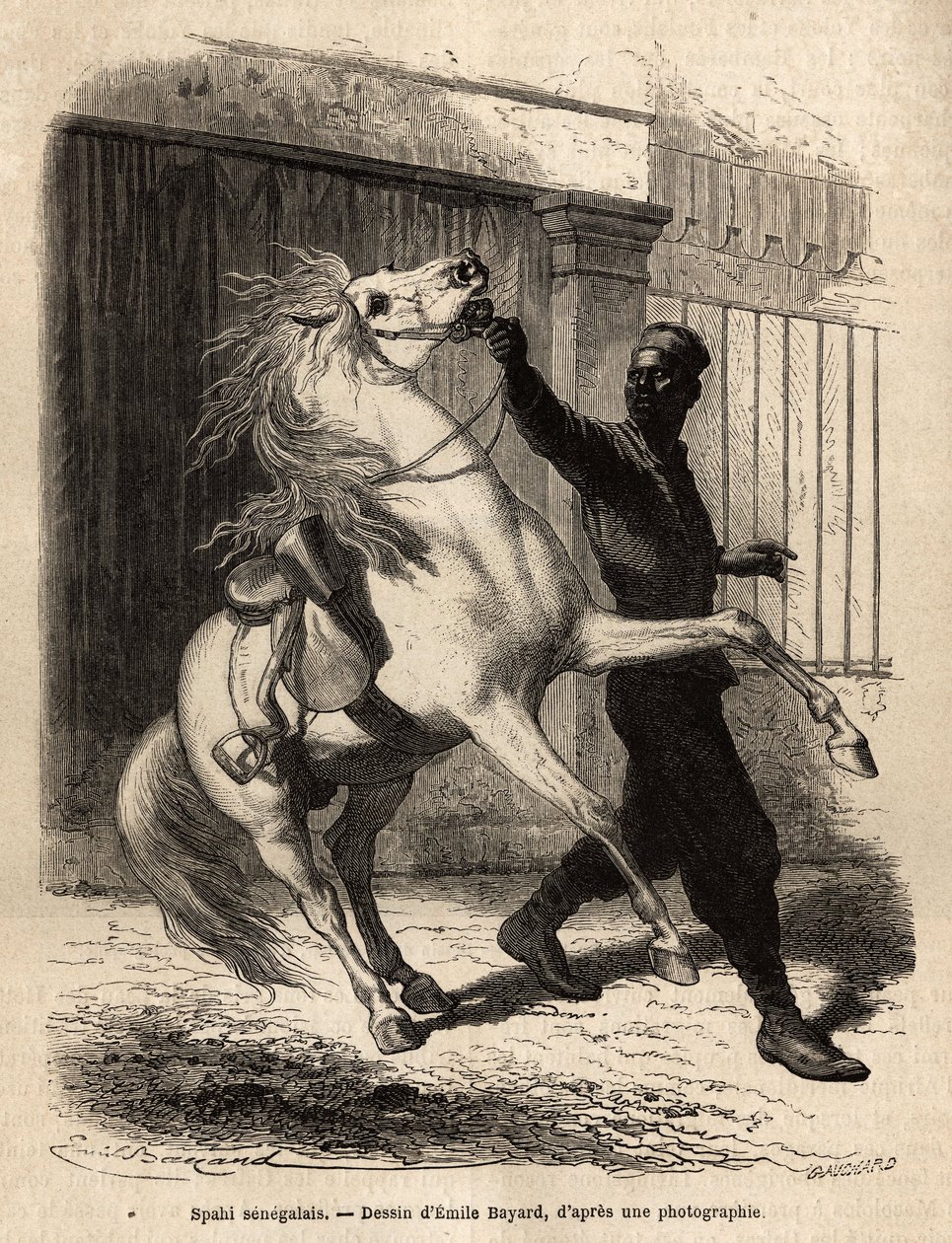 Un spahi senegalés en Saint-Louis. Grabado para ilustrar un crucero en la costa de África, por el Vicealmirante Fleuriot de Langle, en 1868, publicado en 