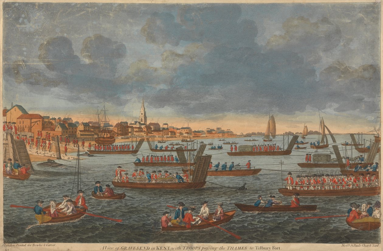 Vista de Gravesend en Kent, con las tropas pasando el Támesis hacia el fuerte de Tilbury. de Unknown artist