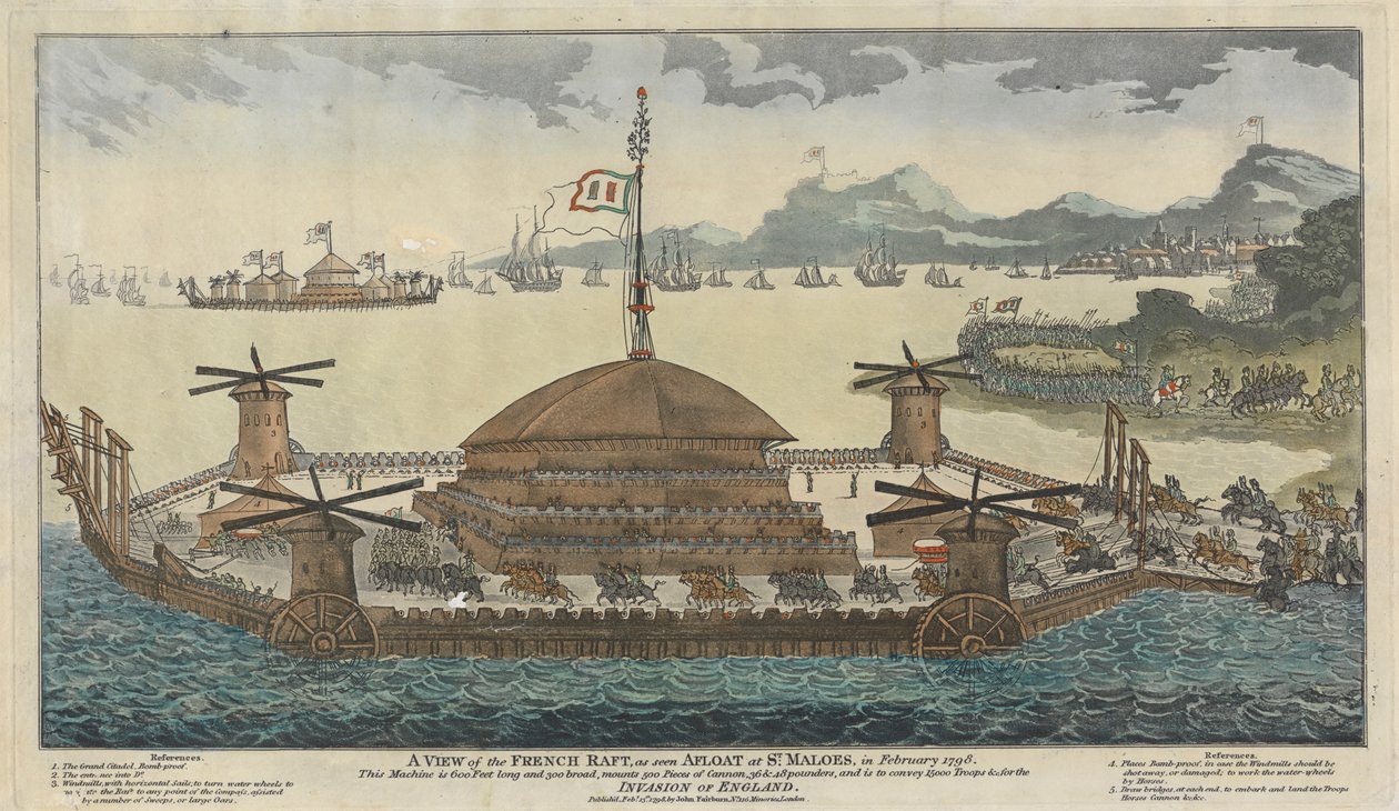 Una Vista de la Balsa Francesa, Vista a Flote en St. Maloes, en Febrero de 1798. La máquina tiene 600 pies de largo y 300 de ancho, monta 500 piezas de cañón, 36 y 48 libras, y está destinada a transportar 15.000 tropas para la invasión de Inglaterra. de Unknown artist