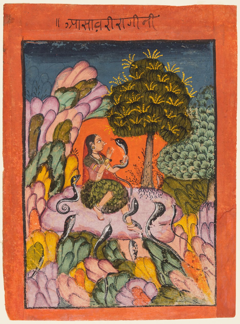 Una mujer encanta serpientes en el desierto: Asavari Ragini, de un Ragamala de Unknown artist