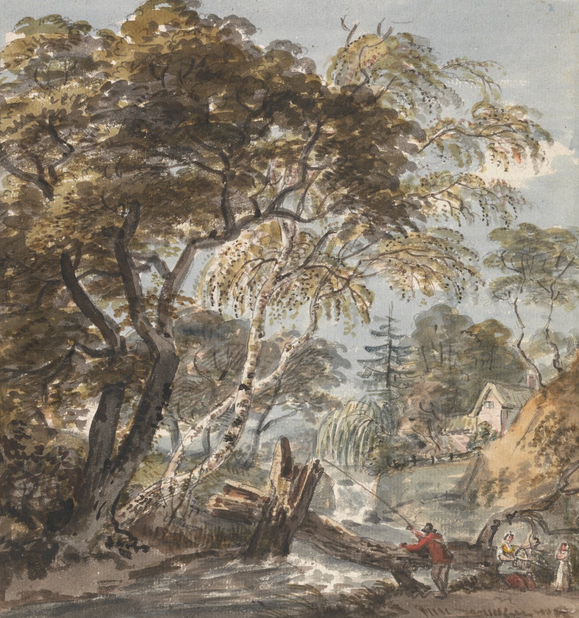 Un arroyo de madera con pescador de Unknown artist