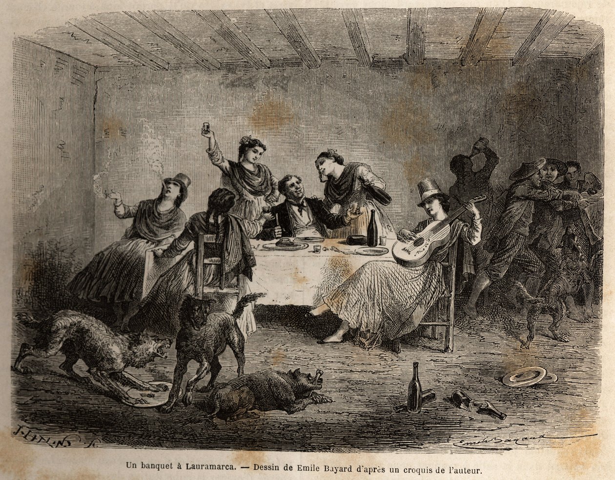 Un banquete en Lauramarca (Perú Inferior), un hombre rodeado de mujeres indias, es servido y mimado, mientras, aprovechando su distracción, sus sirvientes se enfrentan sin su conocimiento. Grabado para ilustrar el viaje en los valles de Quinquinas (Perú),  de Unknown artist