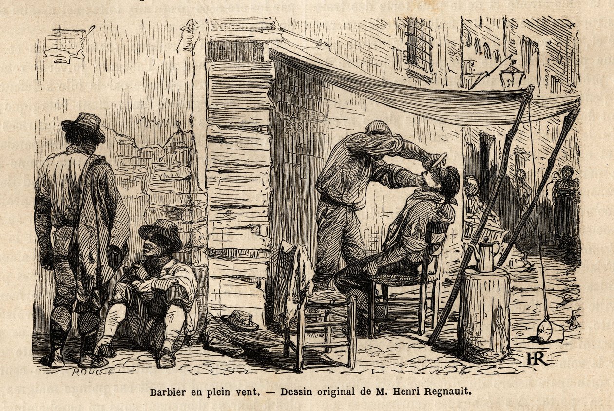 Un barbero en el viento en las calles de Roma. Grabado para ilustrar el viaje a Roma, por Francis Wey, en 1864-1868, publicado en “Le tour du monde, nouveau journal des voyages”, bajo la dirección de Edouard Charton de Unknown artist