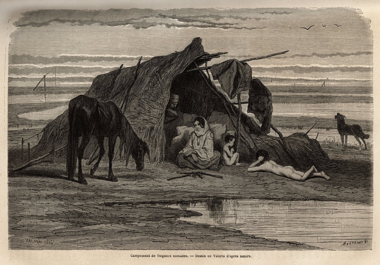 Un campamento de gitanos nómadas en las llanuras del norte de Bosnia. Grabado para ilustrar los recuerdos de viaje entre los eslavos del sur, por Georges Perrot, en 1868, publicado en “Le tour du monde” 1870-1871, editado por Edouard Charton, edición Hache de Unknown artist