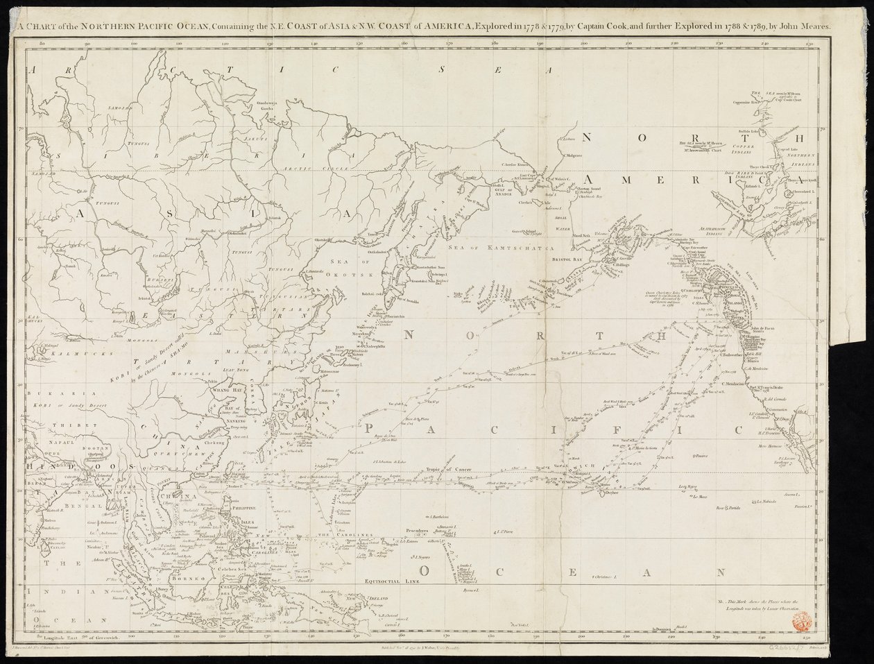 Carta del Océano Pacífico Norte que contiene la costa NE de Asia y la costa NO de América exploradas en 1778 y 1779 por el Capitán Cook y exploradas más lejos en 1788 y 1789 por John Meares (impresión) de Unknown artist