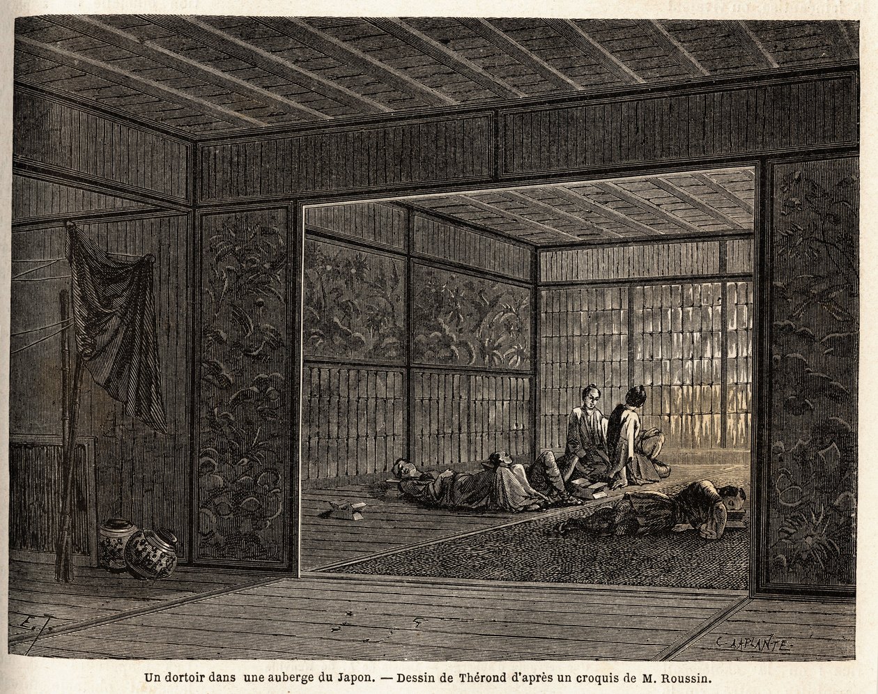 Un dormitorio en una posada en Japón. Grabado para ilustrar el viaje a Japón en 1863-1864, por Aime Humbert, ministro de la Confederación Suiza, en 