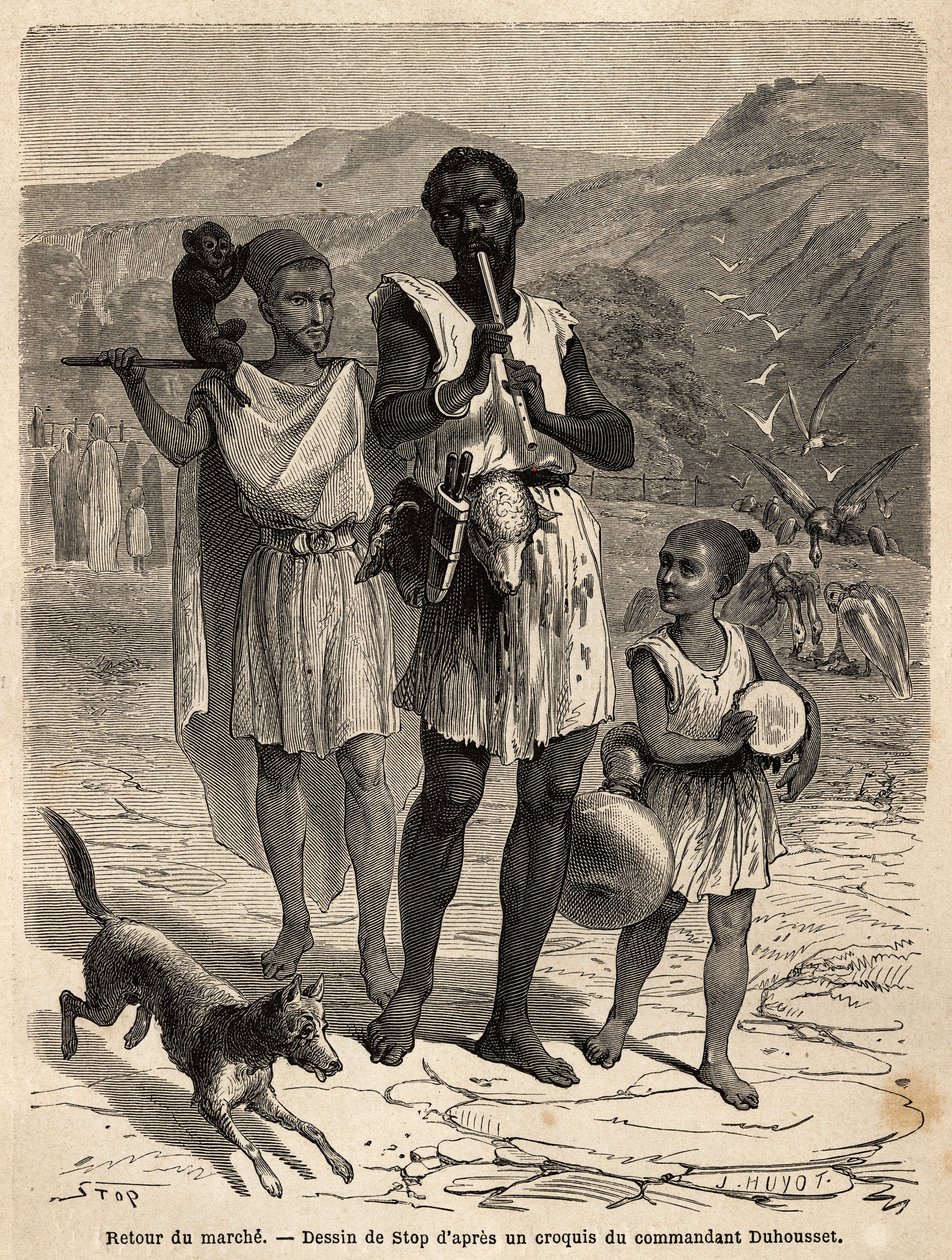 Un flautista, acompañado por un pequeño tamborilero y un espectáculo de monos; las dos cabezas de oveja colgando del cinturón del líder de la banda serán su cena. Grabado para ilustrar la excursión a la gran Kabilia, entre el Mediterráneo y el Djurjura, en de Unknown artist