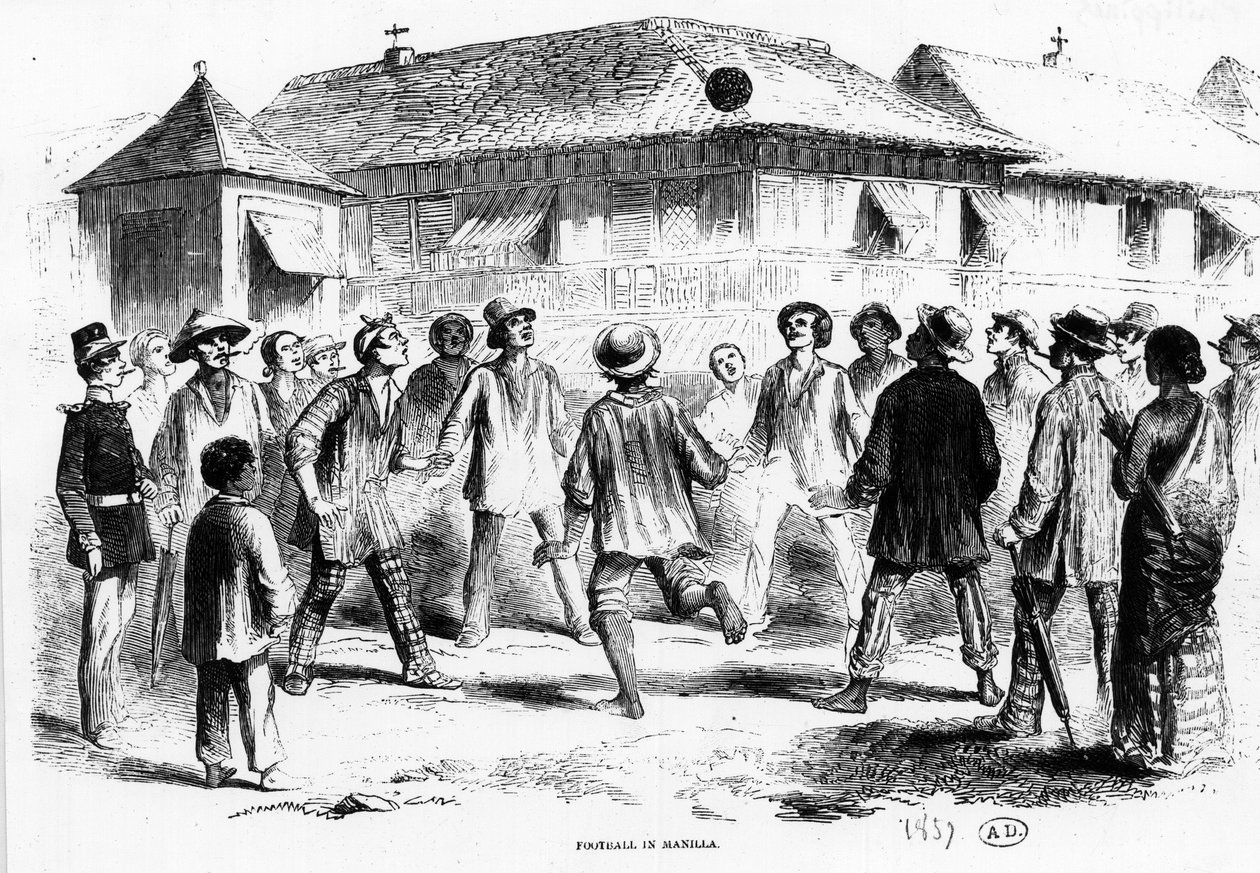 Un partido de fútbol en Manila (Filipinas) - grabado de Unknown artist