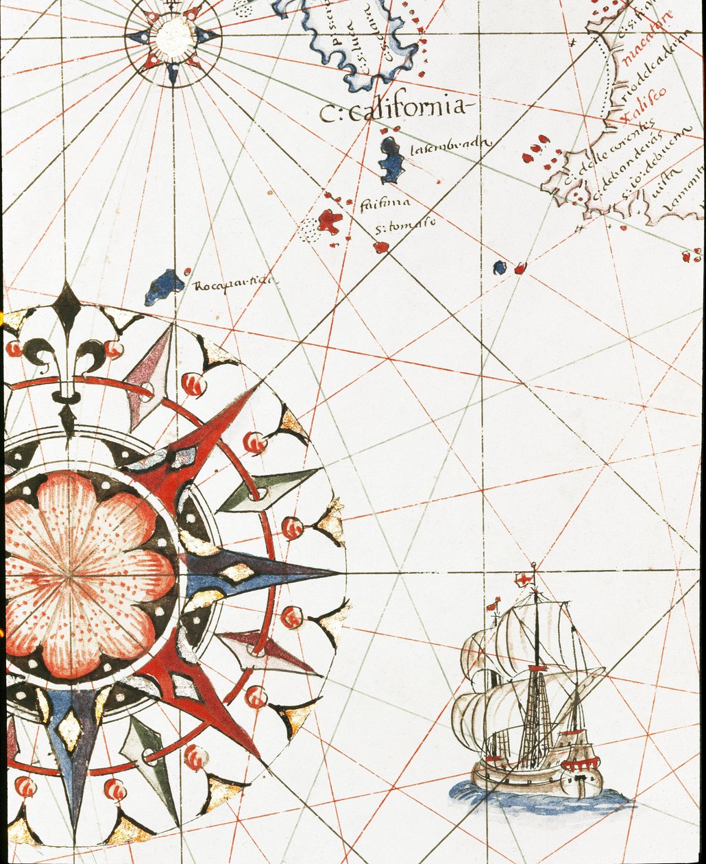 Un galeón navegando frente a la costa de California (detalle del portulano de Castellini) de Unknown artist