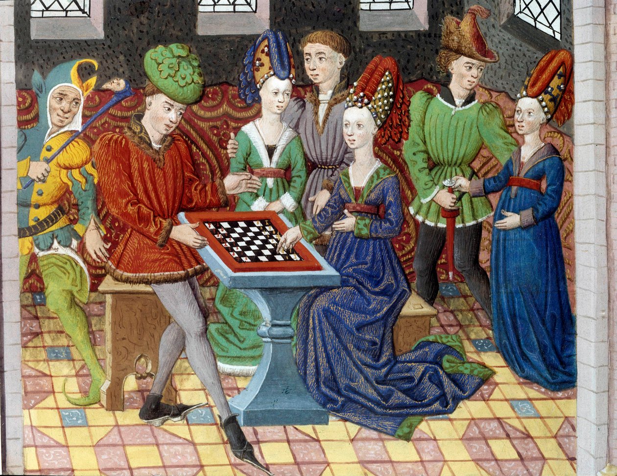 Una partida de ajedrez entre dos cortesanos en la sala de un castillo. Miniatura tomada de la “Historia de Alejandro Magno” (o Alejandro III de Macedonia (356-323 a.C.)) de Unknown artist