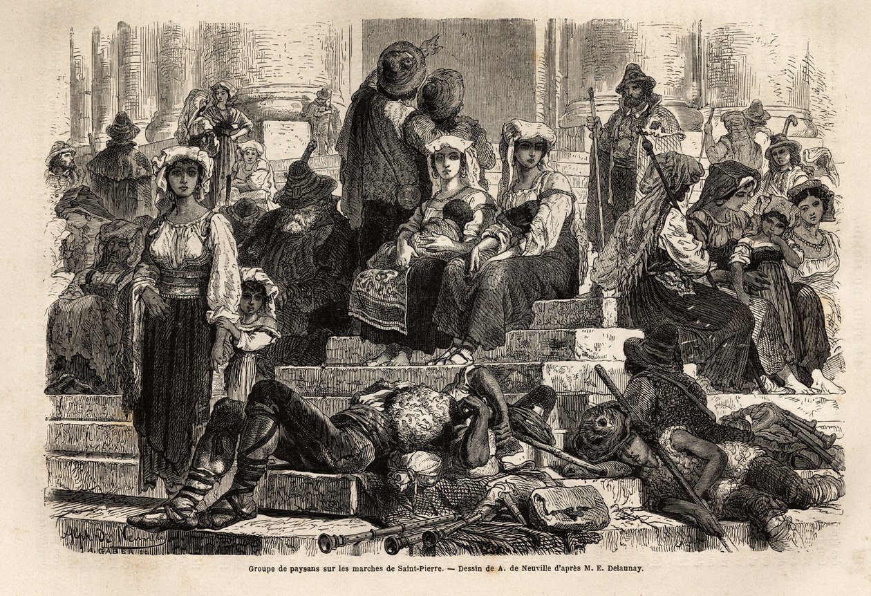 Un grupo de campesinos y pastores se reúnen para la celebración de la Semana Santa en los escalones de San Pedro en el Vaticano. Grabado para ilustrar la historia de la Semana Santa en Roma, en 1863, por Ludovic Celler, en “Le tour du monde, nouveau journa de Unknown artist