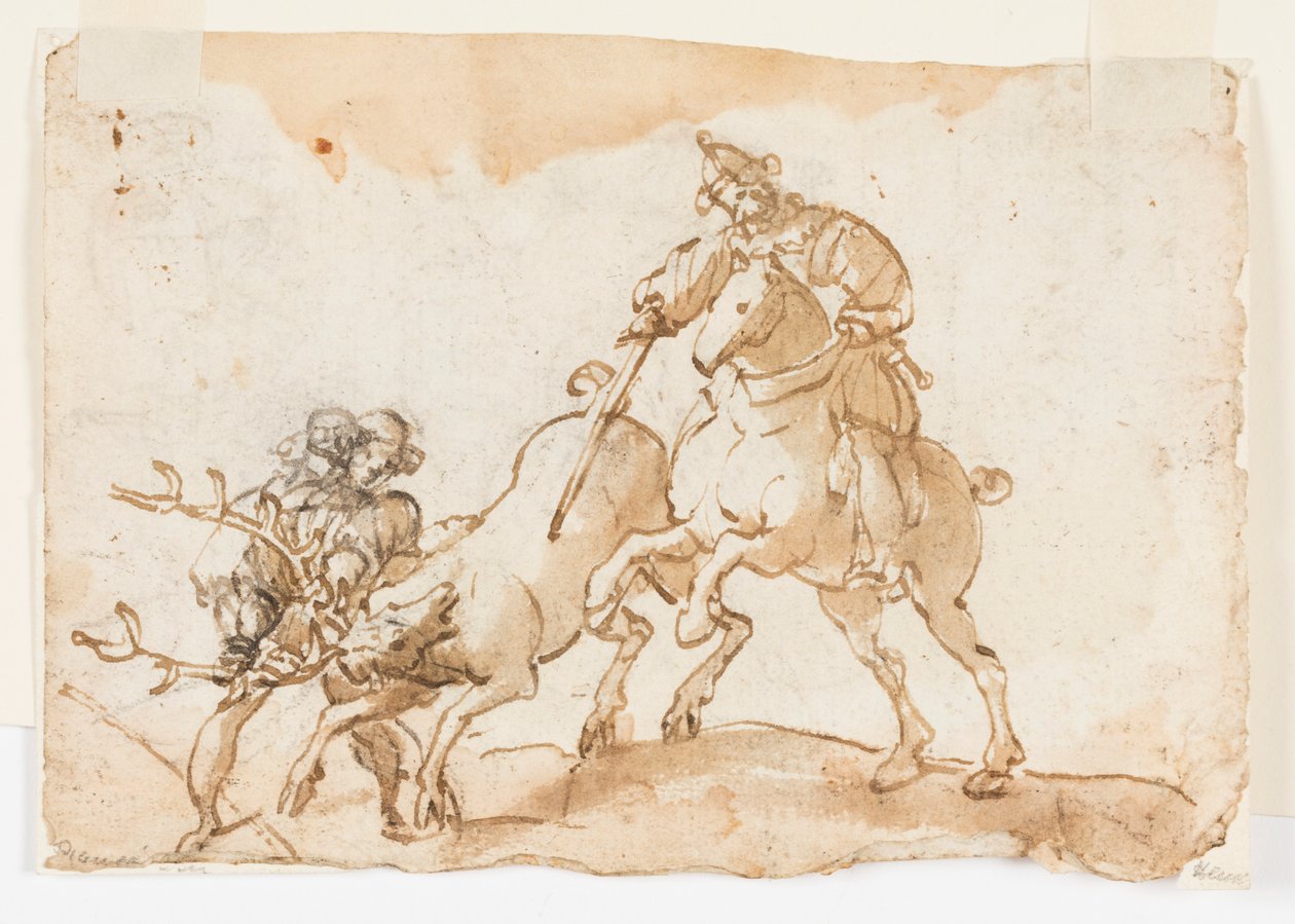Un jinete matando a un ciervo, diseño preliminar para La caza del ciervo del emperador Federico Barbarroja y Ubaldo Ubaldini de Unknown artist
