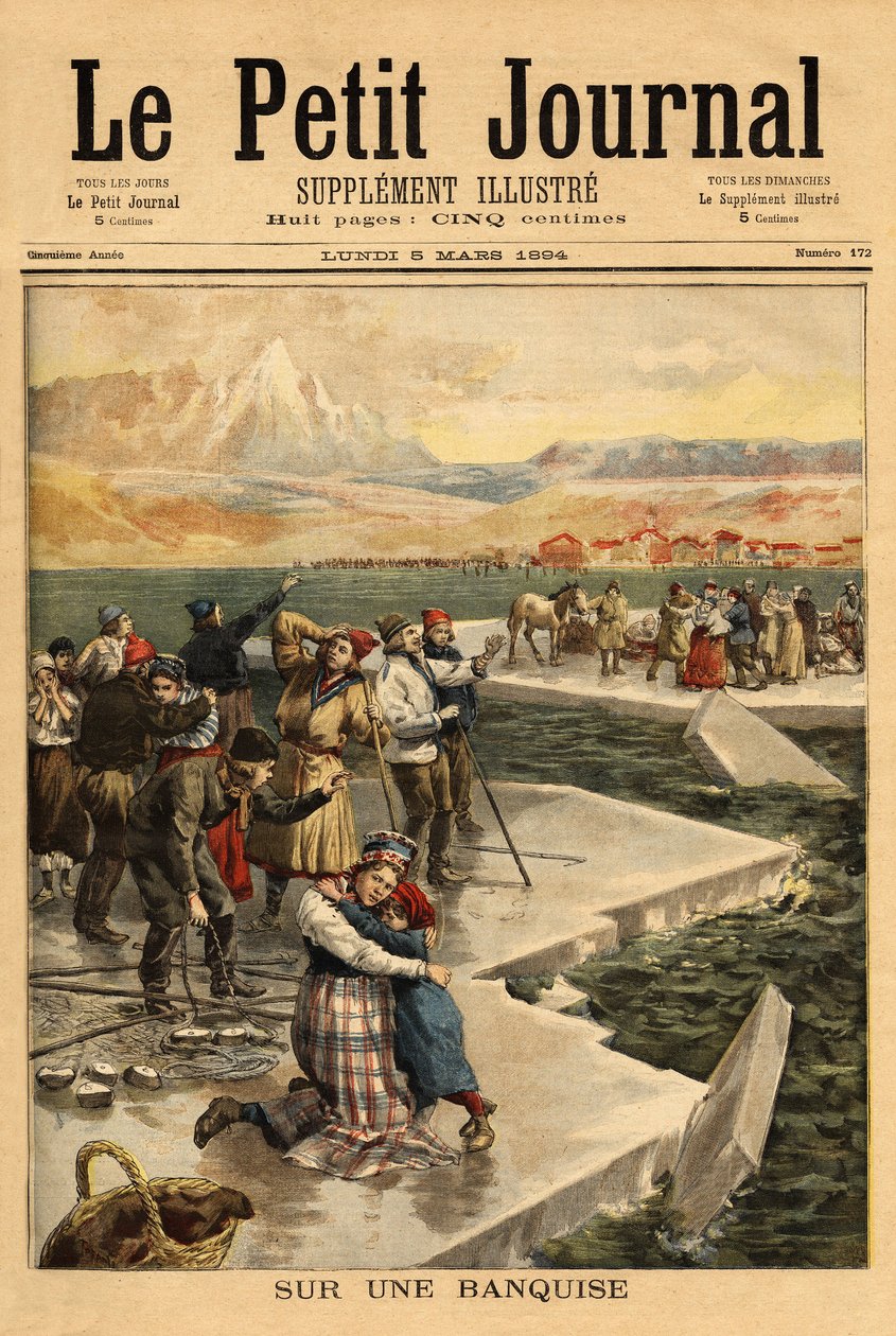 Un enorme bloque de hielo se desprende del continente en Helsingfors (sur del Golfo de Finlandia), llevando a más de 500 personas y 20 caballos al mar abierto. Grabado en "Le petit journal" 5/03/1894. Colección de Selva. de Unknown artist