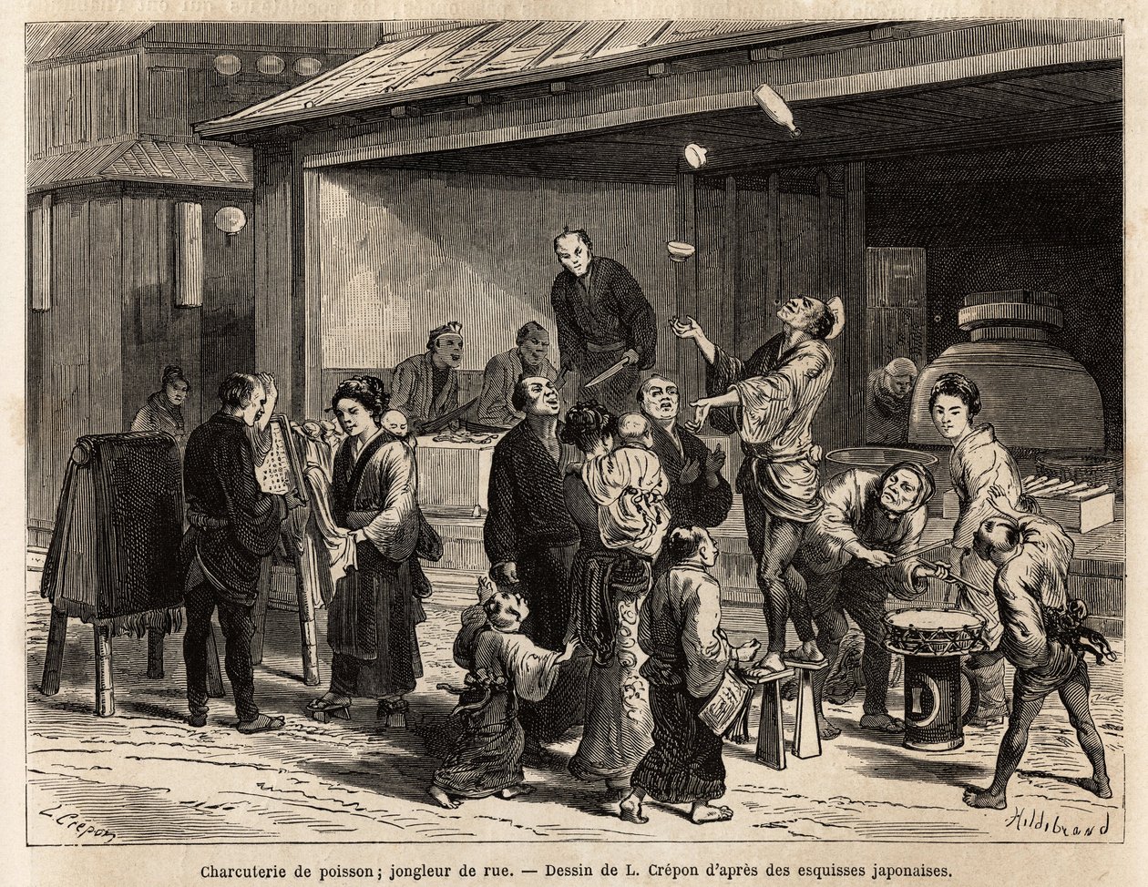Una escena animada de una calle en Edo (Tokio), con un malabarista ambulante frente a una tienda de pescado, y un vendedor de telas baratas. Grabado para ilustrar el viaje a Japón, por Aime Humbert, ministro de la Confederación Suiza, en 1863-1864, publica de Unknown artist