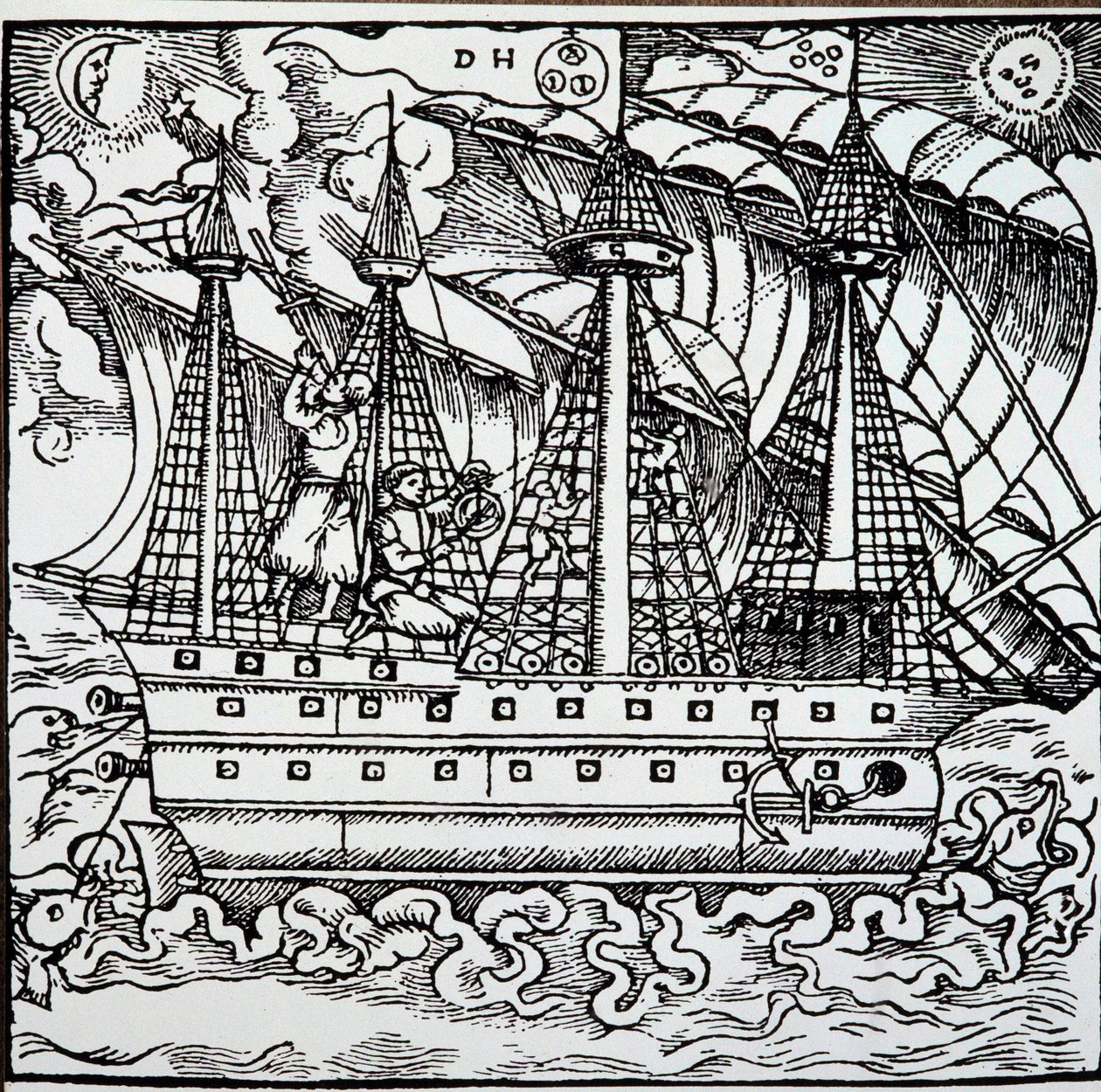 Un navegante en una carabela portuguesa usando un astrolabio. Grabado de las historias de viaje del navegante alemán Hans Staden de Unknown artist