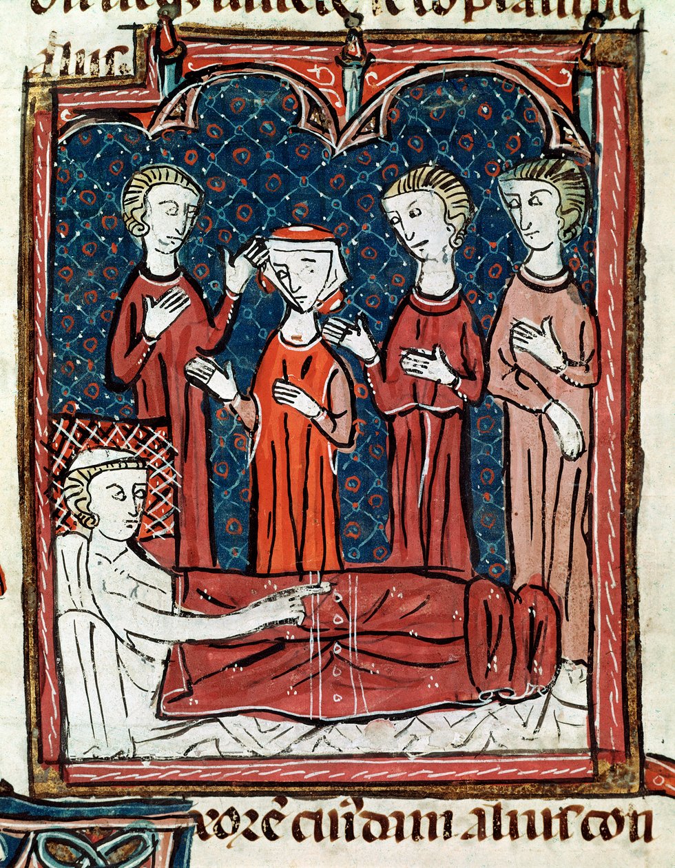 Un paciente en la cama rodeado de doctores (miniatura) de Unknown artist