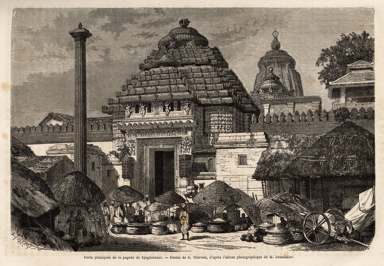 Un paseo popular frente a la puerta principal de la Pagoda Djaghernaut (construida alrededor de 1200), una ciudad sagrada y sitio de peregrinación en el sur de Bengala. Grabado para ilustrar el viaje en las provincias meridionales de India, por Alfred Gran de Unknown artist
