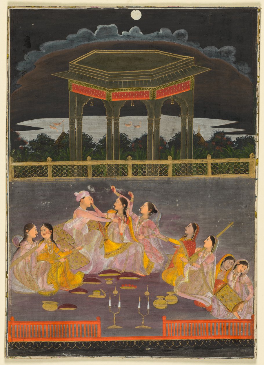Un príncipe celebra Holi con mujeres de palacio en una terraza por la noche (anverso); caligrafía de una cuarteta (verso) de Unknown artist
